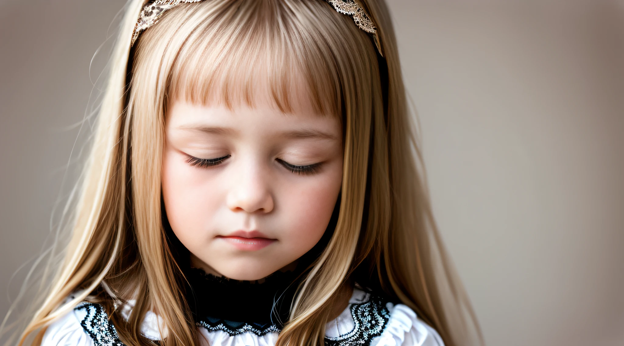 Russian style, girl children, photo studio white infinite background, close-up, bust, portrait, long blonde hair GIANT LACE CLOSED EYES,