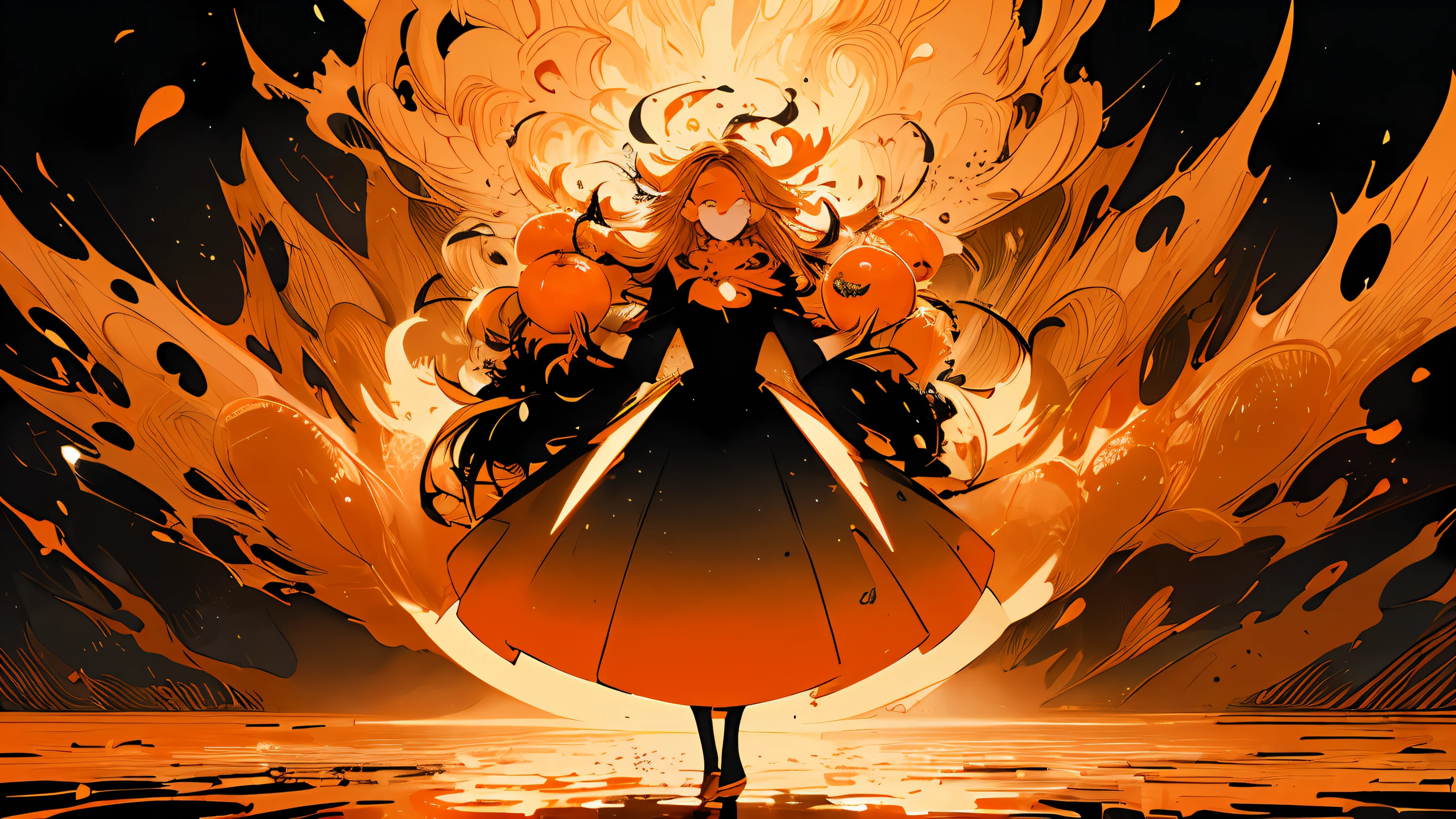 (flat color :1.4),(colorful:1.2),(((masterpiece))),(((bestquality))),((ultra-detailed)),(illustration),((anextremelydelicateandbeautiful)), 1 woman,(orage color theme:1.5),light leaks,strong wind,orange background,holding oranges between hands,detail face,standing,beautiful face,oranges floating in the air,light bloom,surreal