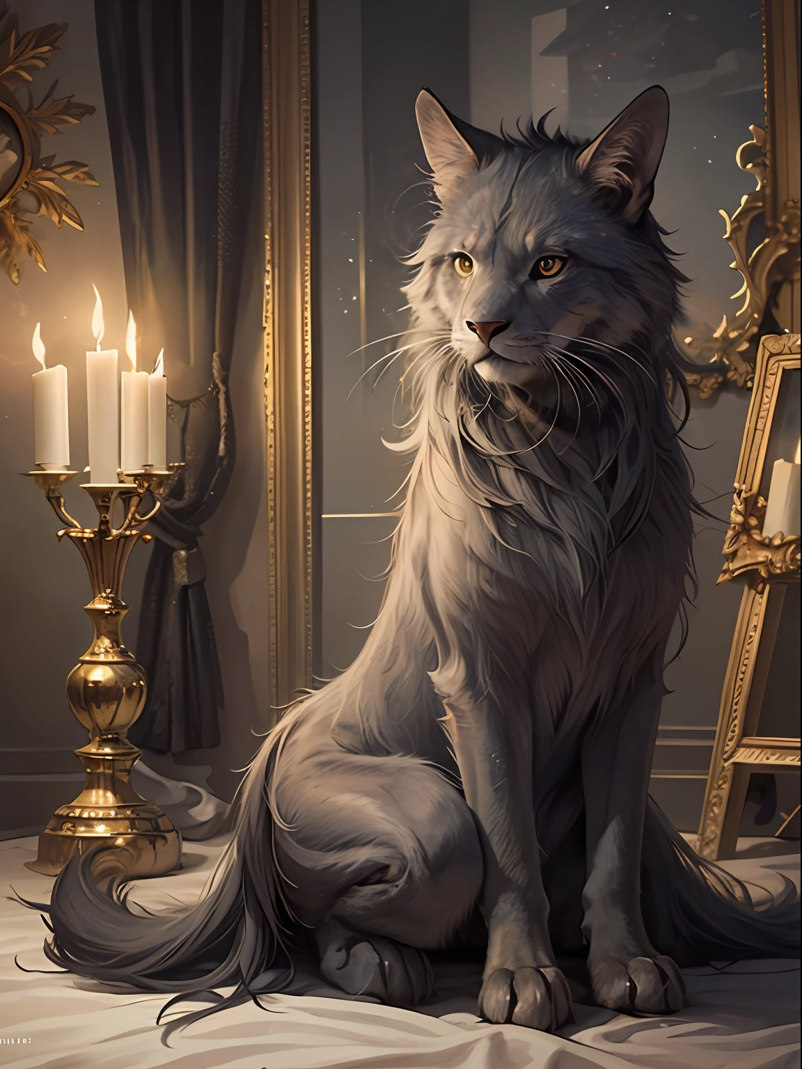 ((mythical creature)), full-length, dark room, candlelight, high detailed, detailed fur, studio quality