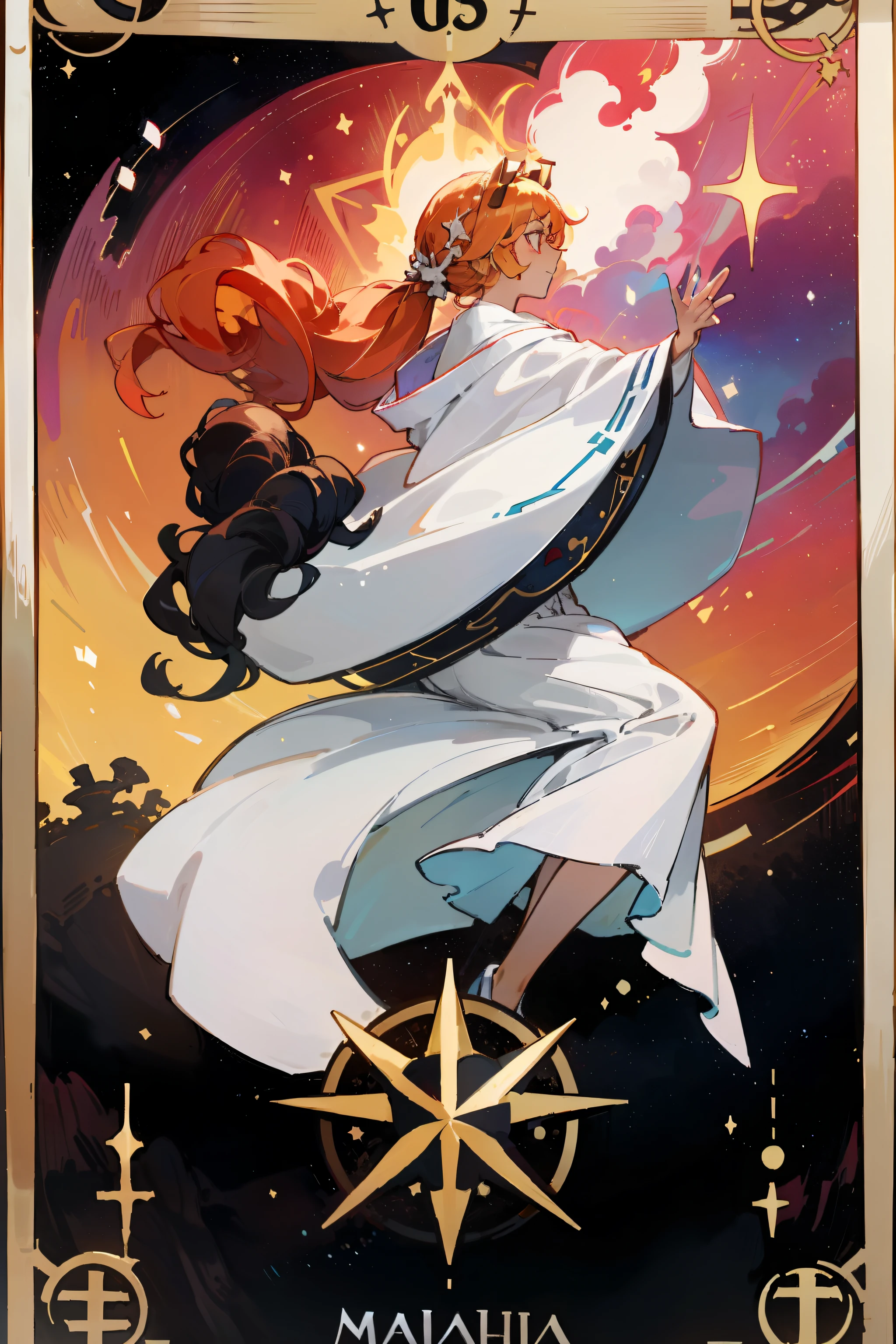 Tarot cards, princesses, maidens, double ponytails, white robes, nebula wrapped, colorful and half-body
