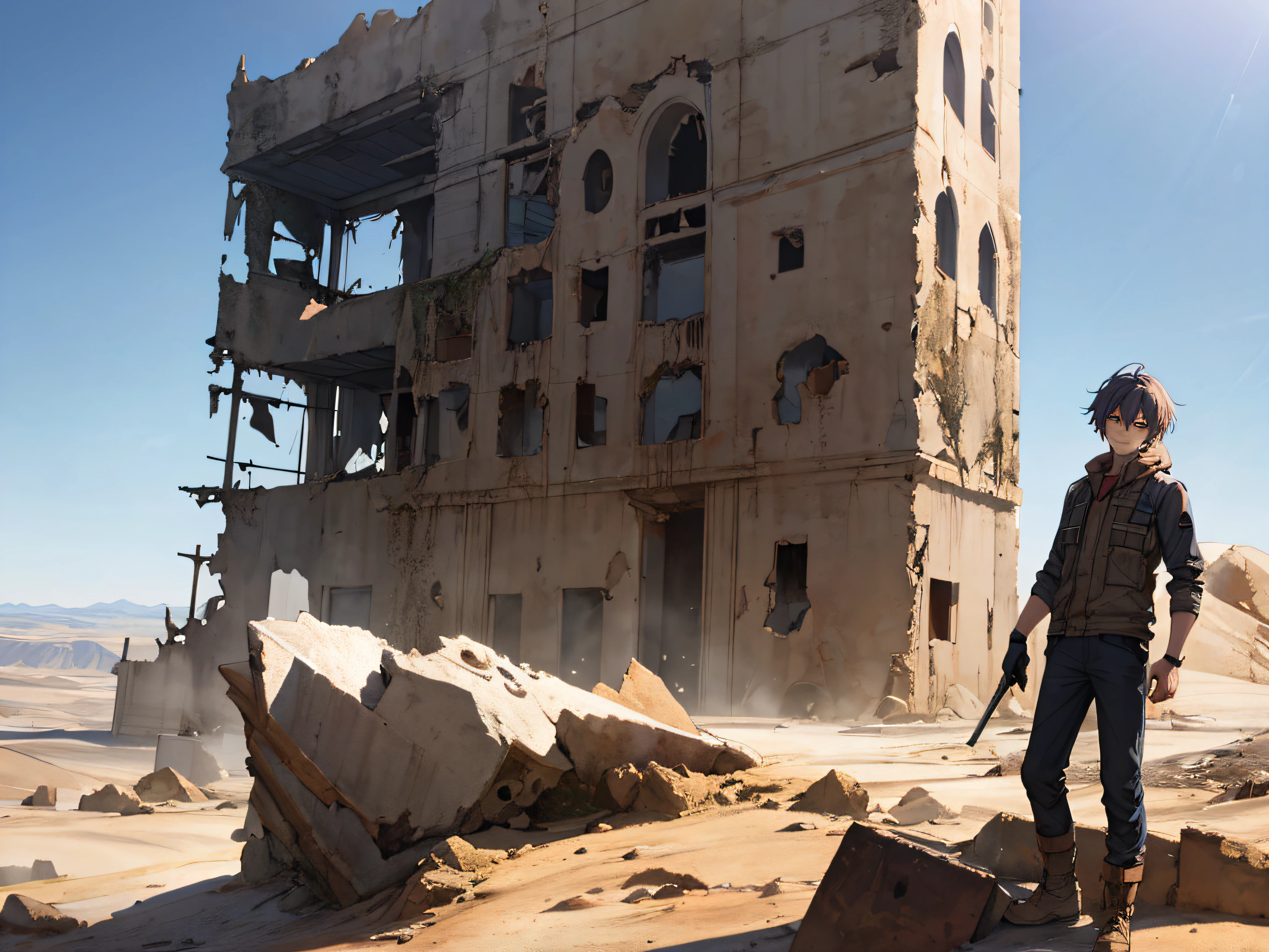 The male protagonist is in the wilderness, desert, ruined buildings, alien civilizations