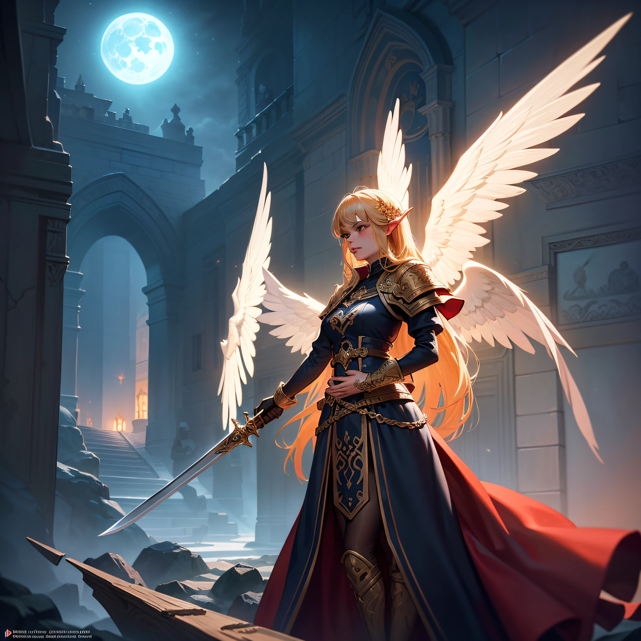 portrait of a female, busty, aasimar, spread white angelic wings, flying (dnd art, fantasy art, masterpiesce best quality), cleric, (dnd art, fantasy art, masterpiesce best quality), with a long braided red (dnd art, fantasy art, Masterpiece, best quality) , heavy white plait mail arrmor , (dnd art, fantasy art, masterpiesce best quality) armed in the right hand with a long sword with runes (Masterpiece, best quality) casting a spell (dnd art, Masterpiece, best quality), wearing cloak (azure, flowing) , in a fantasy forest at night with a full moon background , (dnd art, fantasy art, Masterpiece, best quality)