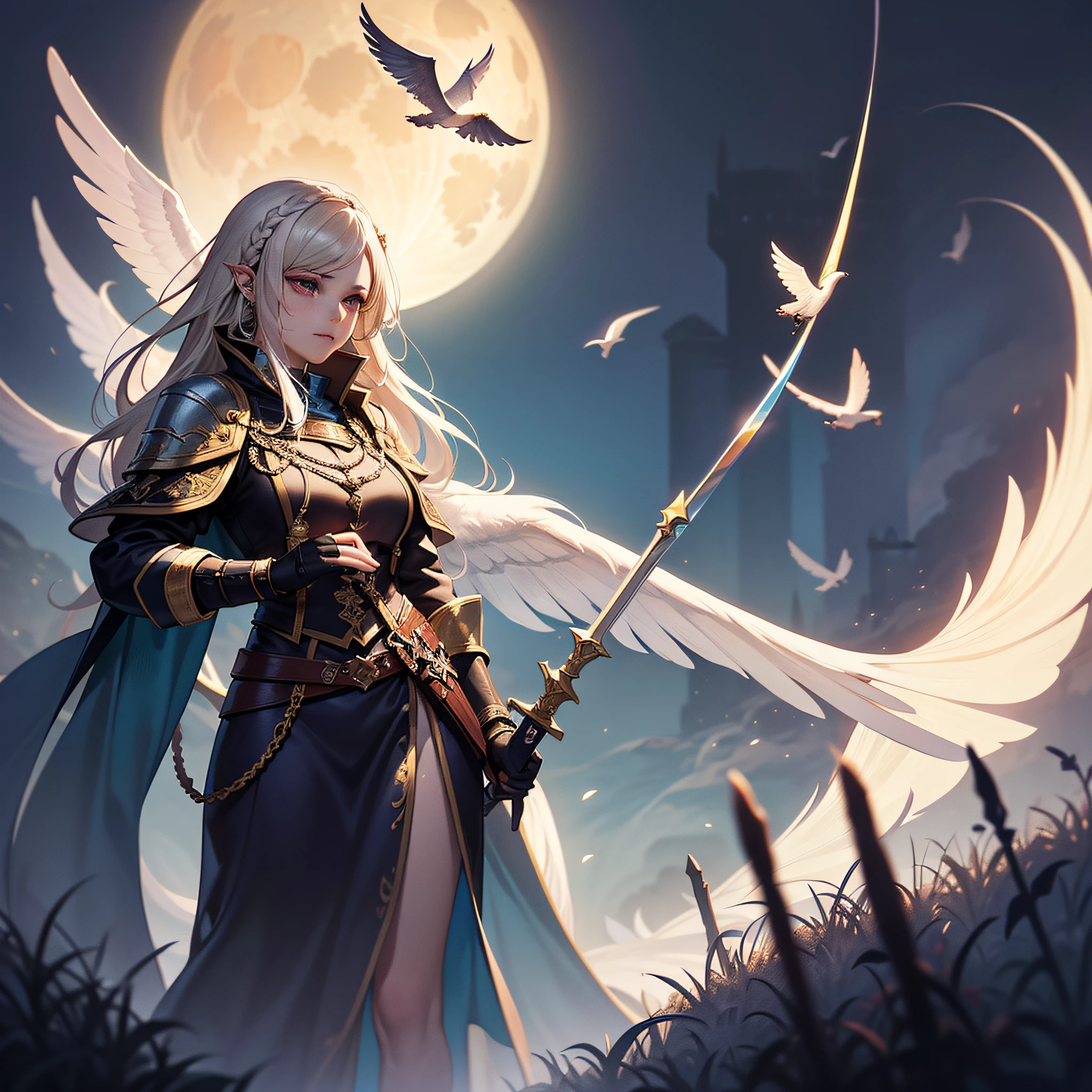 portrait of a female, busty, aasimar, spread white angelic wings, flying (dnd art, fantasy art, masterpiesce best quality), cleric, (dnd art, fantasy art, masterpiesce best quality), with a long braided red (dnd art, fantasy art, Masterpiece, best quality) , heavy white plait mail arrmor , (dnd art, fantasy art, masterpiesce best quality) armed in the right hand with a long sword with runes (Masterpiece, best quality) casting a spell (dnd art, Masterpiece, best quality), wearing cloak (azure, flowing) , in a fantasy forest at night with a full moon background , (dnd art, fantasy art, Masterpiece, best quality)