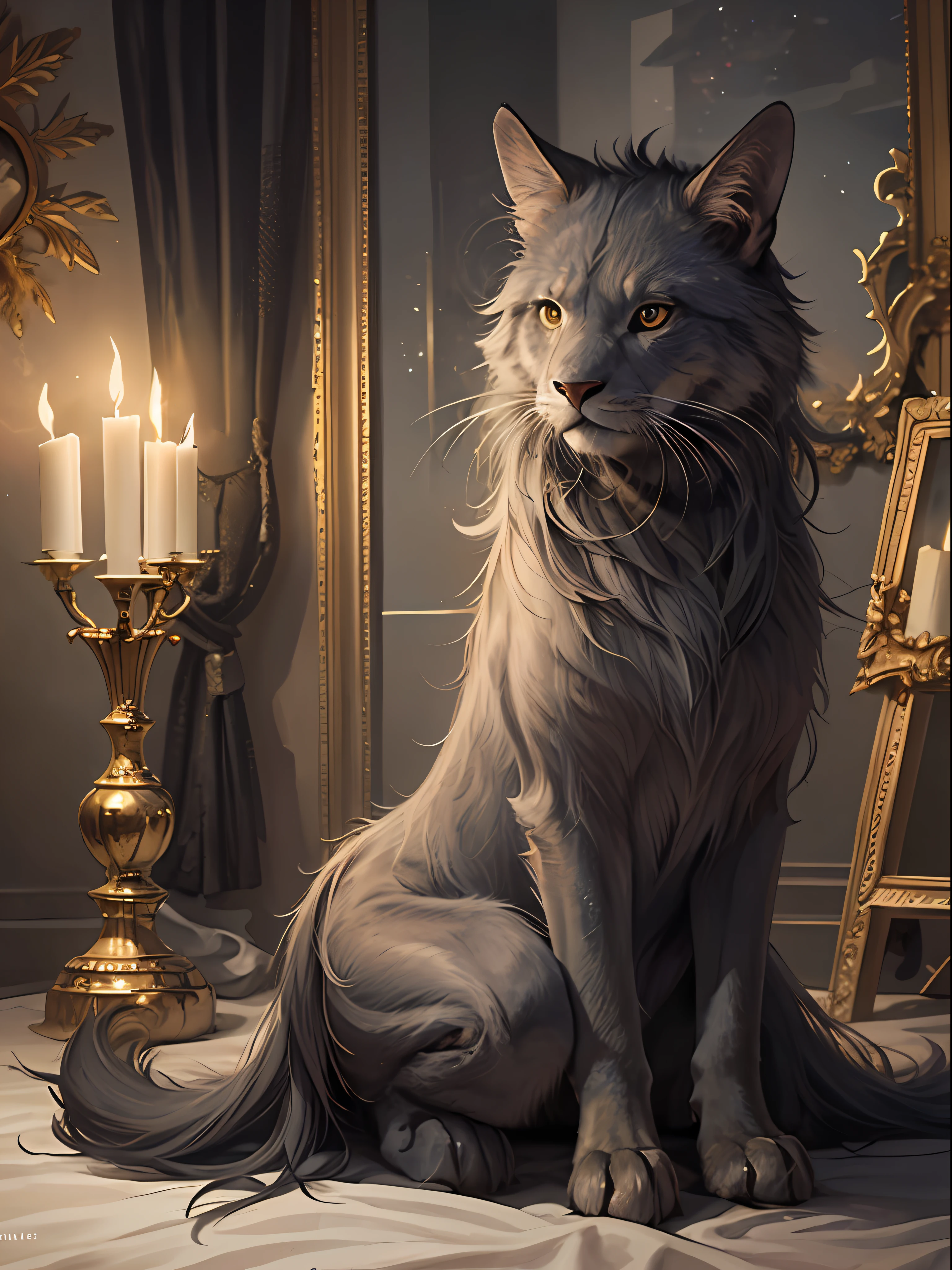 ((mythical creature)), full-length, dark room, candlelight, high detailed, detailed fur, studio quality