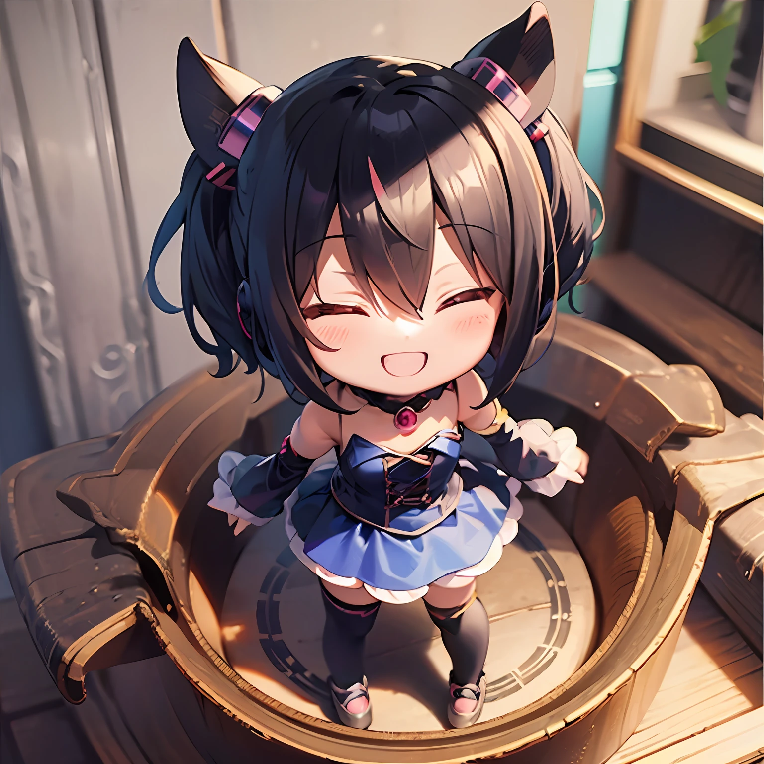 ((masterpiece)), ((((chibi anime)))), 1girl, solo ((((no background)))), xp-tan, black hair, xp hair ornament, detached sleeves, blue skirt, thighhighs(((nendroid))), one eye closed, smile, short cut, fu1fu,charcter doll,chibi