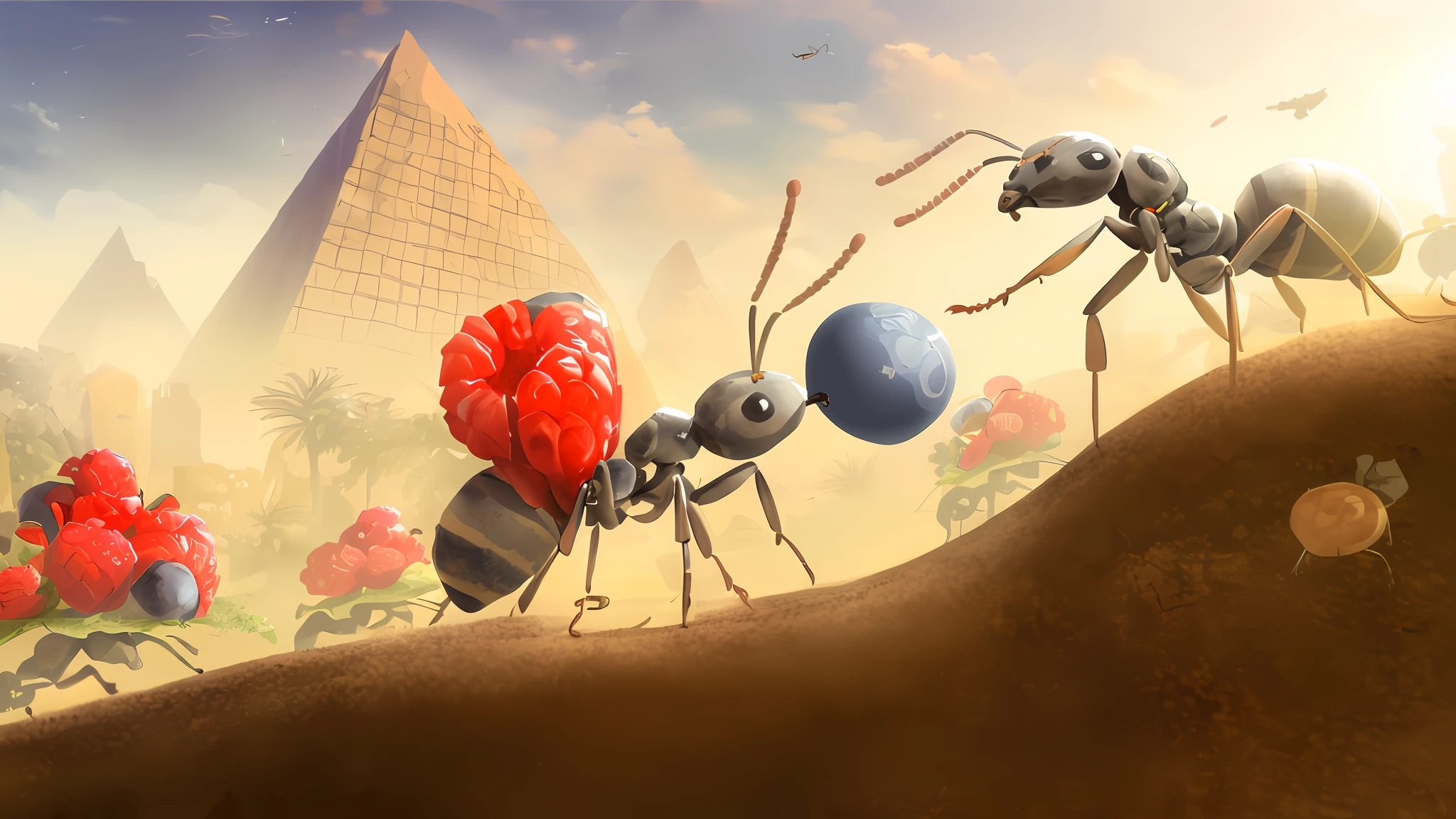 there are many ants that are walking around in the desert, game illustration, ant life, ants, smart ants, 3 d epic illustrations, game art, ant perspective, monstrous ant, illustrative art, ant humanoid, rendered illustration, cg art, rendered art, 2. 5 d illustration, detailed game art illustration, artistic illustration, ant alien, animation film still --auto