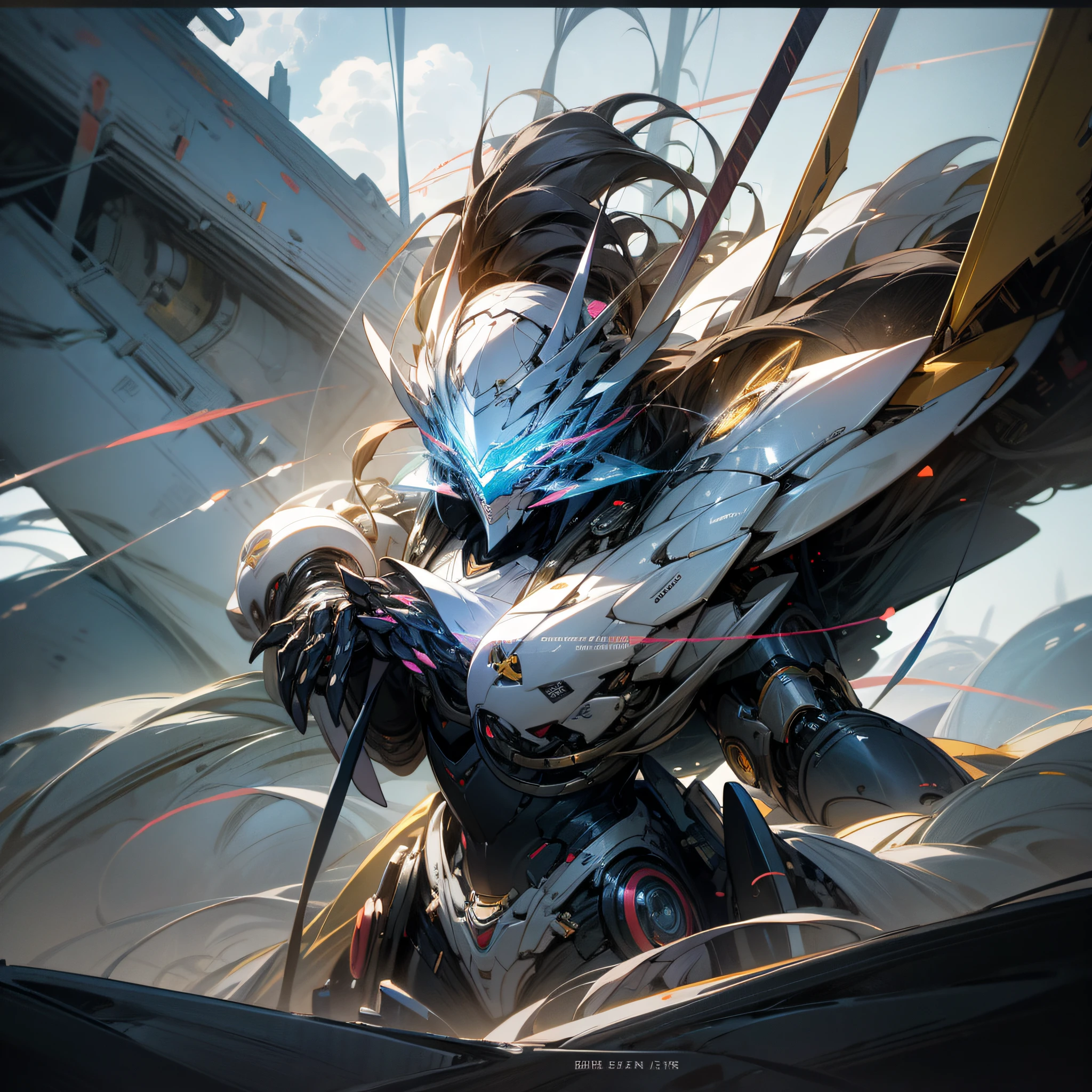 Guvitz in art station pixiv, mechanized soldier girl, Rostelland 8 K, high quality digital concept art, best anime 4K konacan wallpaper, premium digital anime art, guviz on Pixiv art station, Kusart Krenz key art feminized, sideways, beautiful detailed sky, sterling silver white