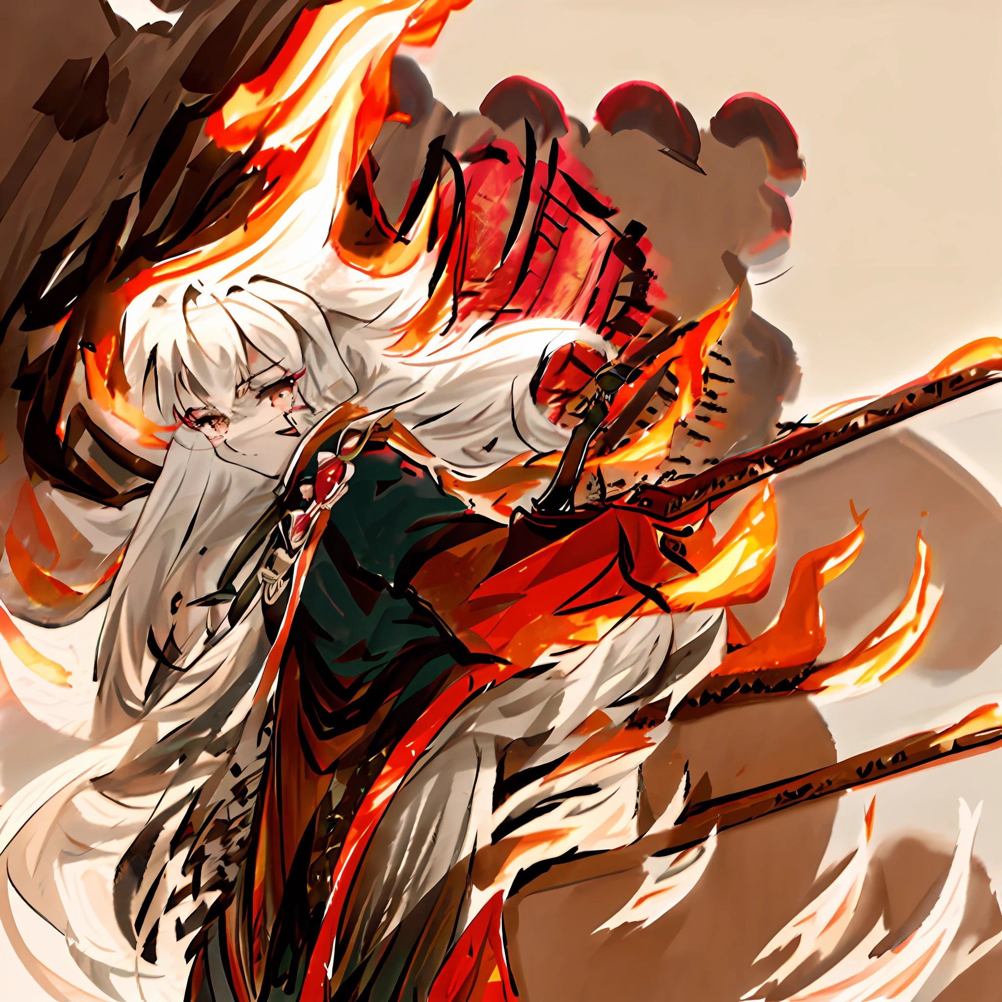 A male Chinese warrior, dressed in black cloth and white hair, holding a Chinese long sword, fights in flames