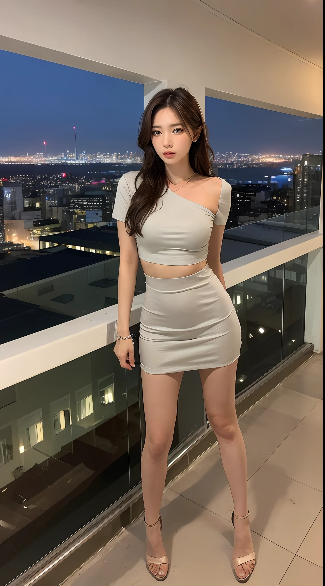 ((Midnight, Best Quality, 8k, Masterpiece: 1.3)), Full Body, Long Legs, Sharp Focus: 1.2, Pretty Women with Perfect Figure: 1.4, Slender Abs: 1.1, ((Dark Brown Hair, Big: 1.2)), (Bodycon,Shetic, Standing:1.2), (Night City View, Rooftop:1.3)), Highly Detailed Face and Skin Texture, Detailed Eyes, Double Eyelids