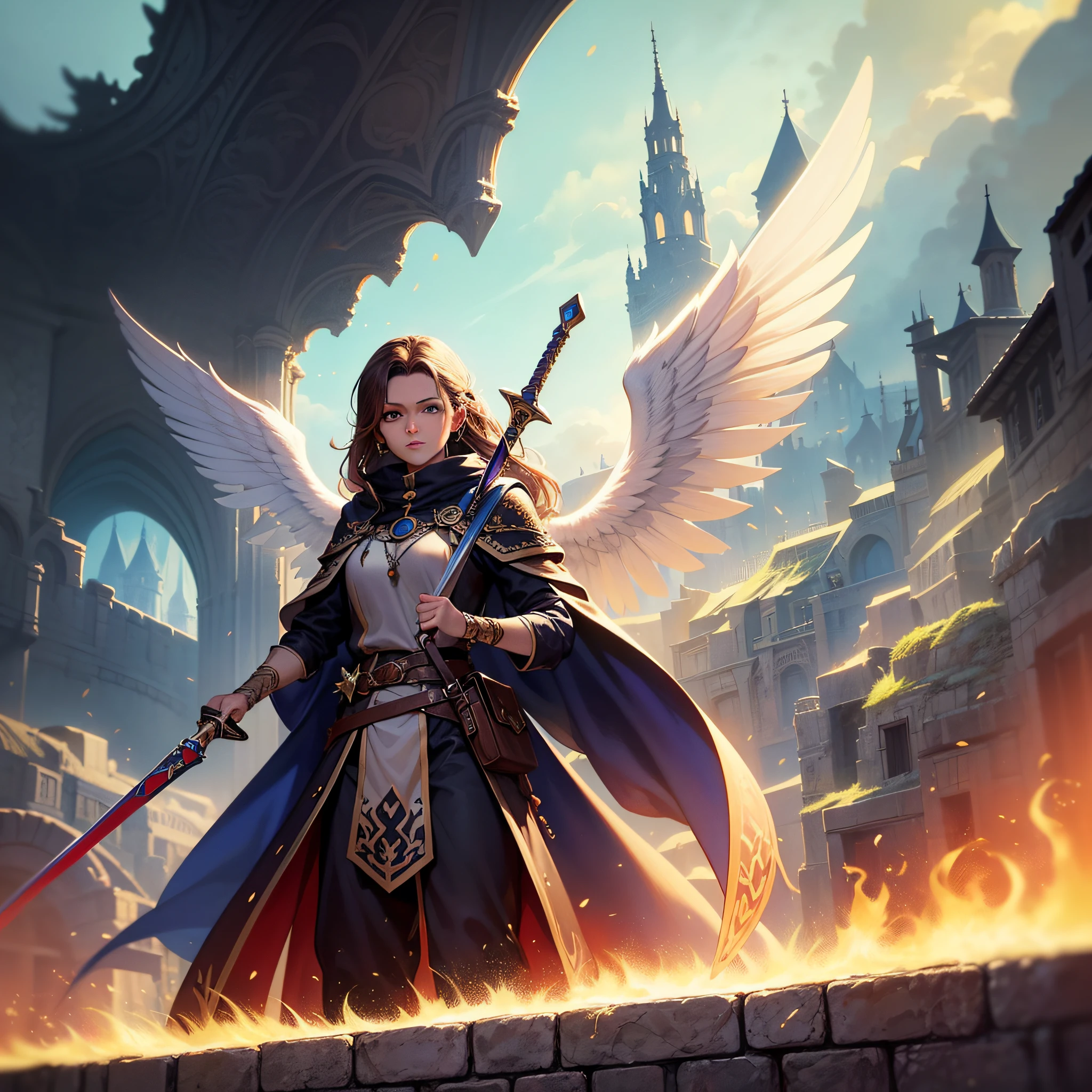 portrait of a female, busty, aasimar, spread white angelic wings, flying (dnd art, fantasy art, masterpiesce best quality), cleric, (dnd art, fantasy art, masterpiesce best quality), with a long braided red (dnd art, fantasy art, Masterpiece, best quality) , heavy white plait mail arrmor , (dnd art, fantasy art, masterpiesce best quality) armed in the right hand with a long sword with runes (Masterpiece, best quality) casting a spell (dnd art, Masterpiece, best quality), wearing cloak (purple, flowing) , in a fantasy castle background , (dnd art, fantasy art, Masterpiece, best quality)