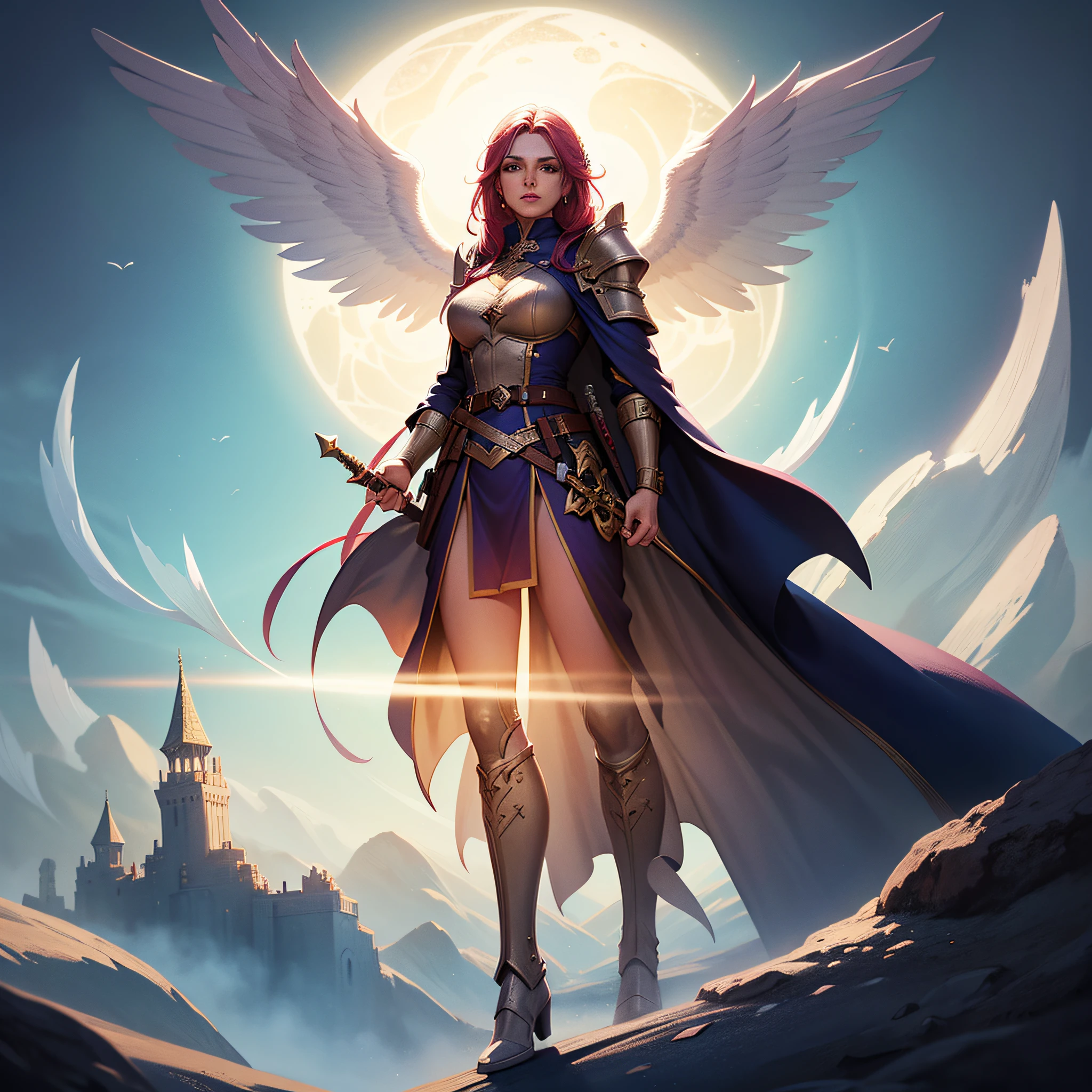 portrait of a female, busty, aasimar, spread white angelic wings, flying (dnd art, fantasy art, masterpiesce best quality), cleric, (dnd art, fantasy art, masterpiesce best quality), with a long braided red (dnd art, fantasy art, Masterpiece, best quality) , heavy white plait mail arrmor , (dnd art, fantasy art, masterpiesce best quality) armed in the right hand with a long sword with runes (Masterpiece, best quality) casting a spell (dnd art, Masterpiece, best quality), wearing cloak (purple, flowing) , in a fantasy castle background , (dnd art, fantasy art, Masterpiece, best quality)