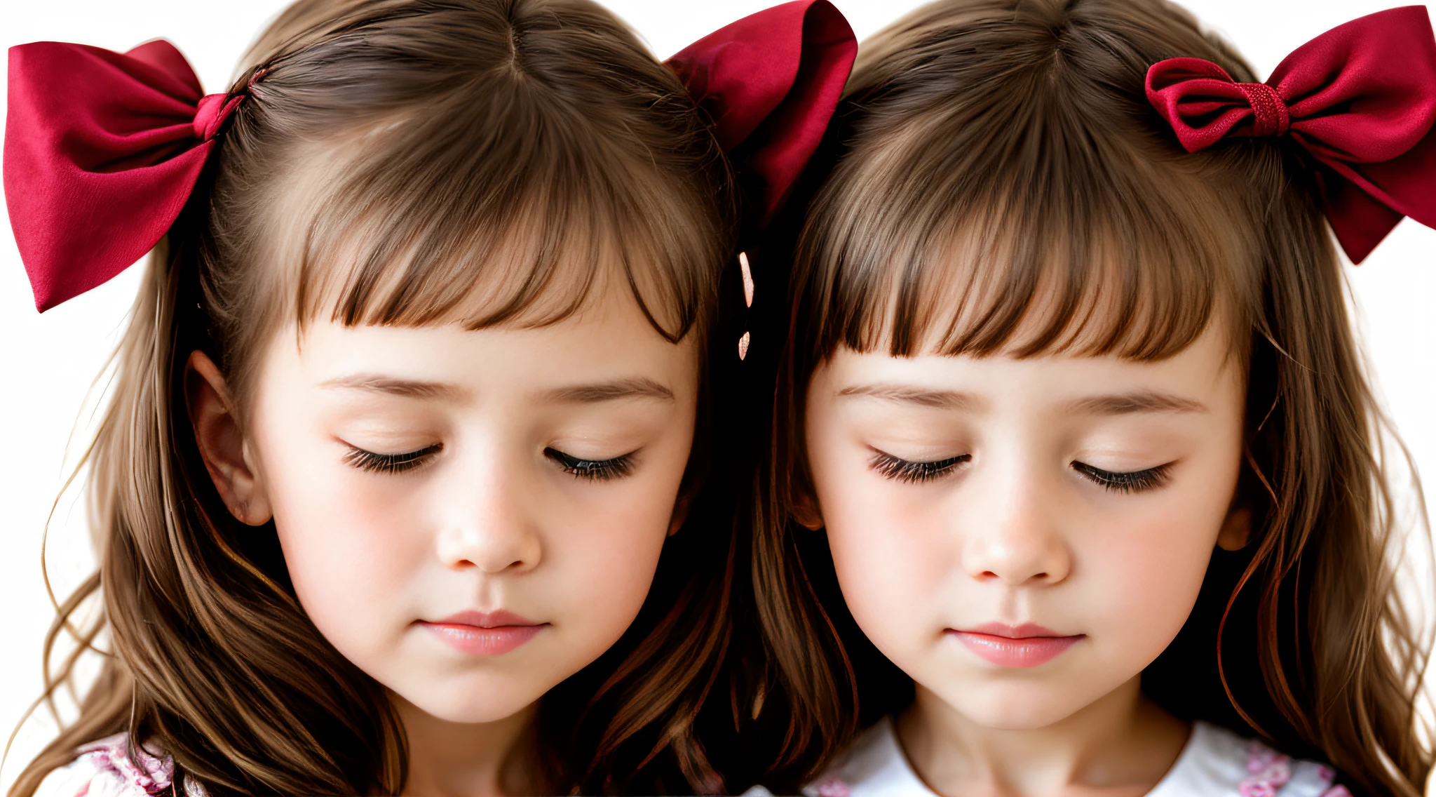 Russian style, girl children, photo studio white infinite background, close-up, bust, portrait, long dark hair giant bow CLOSED EYES,
