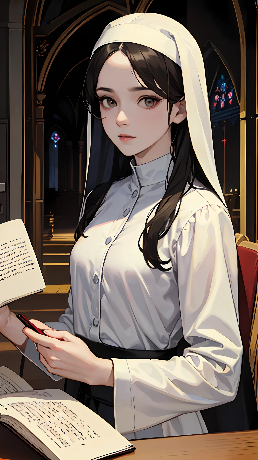 (masterpiece, best quality, ultra-detailed, best shadow), hyper detail, best lighting, 8K, front, 1girl, mature female, upper body, small breasts, long hair, (black hair), almond eyes, pale skin, emotionless, looking at the viewer, nun, church, holding book, (dark room: 1.2), --auto