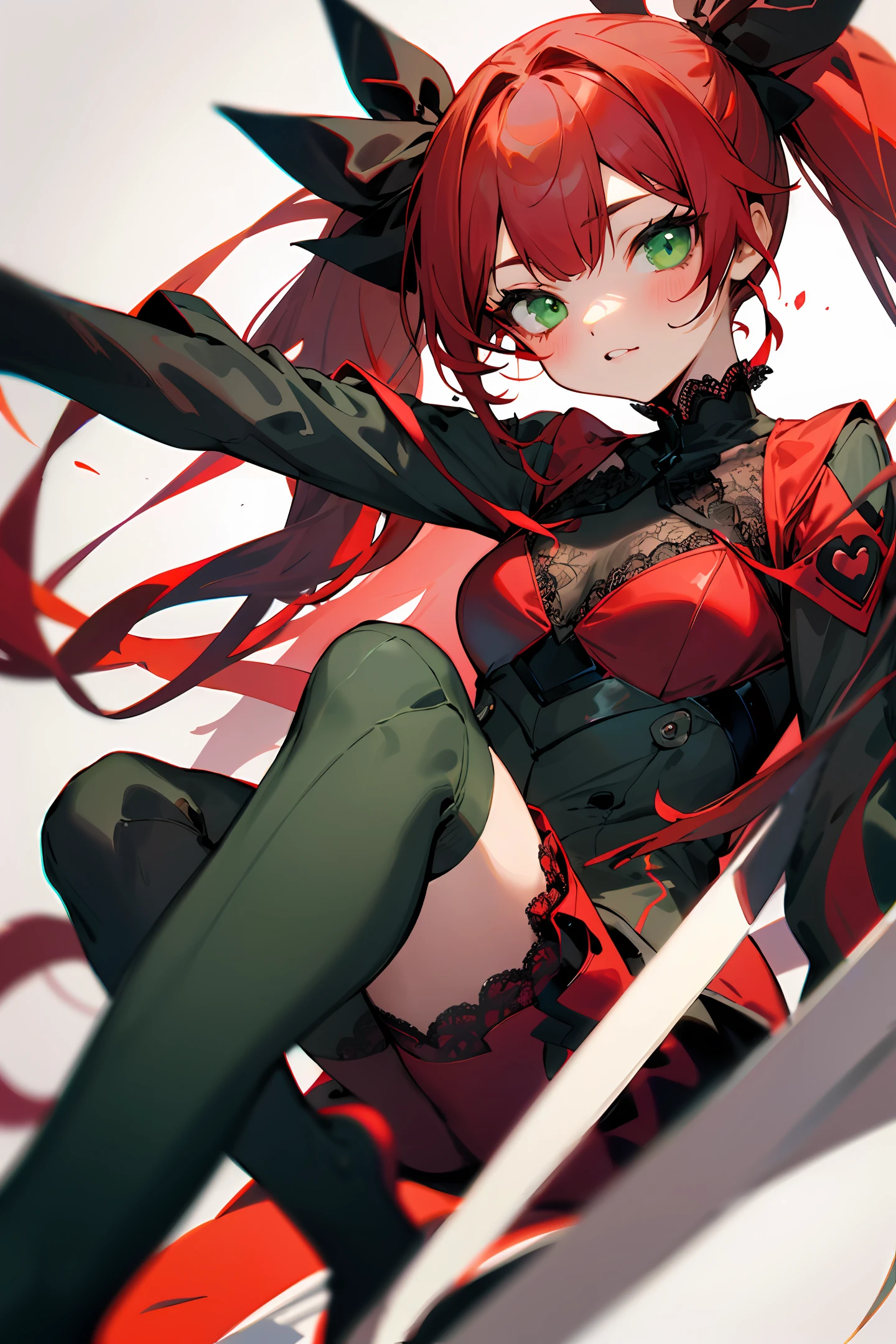 beautiful girl, cat eyes, red hair, mine suit, lace suit, two-dimensional illustration, goth , sweet lolilf twin tail, knee-high socks, inner color green, big