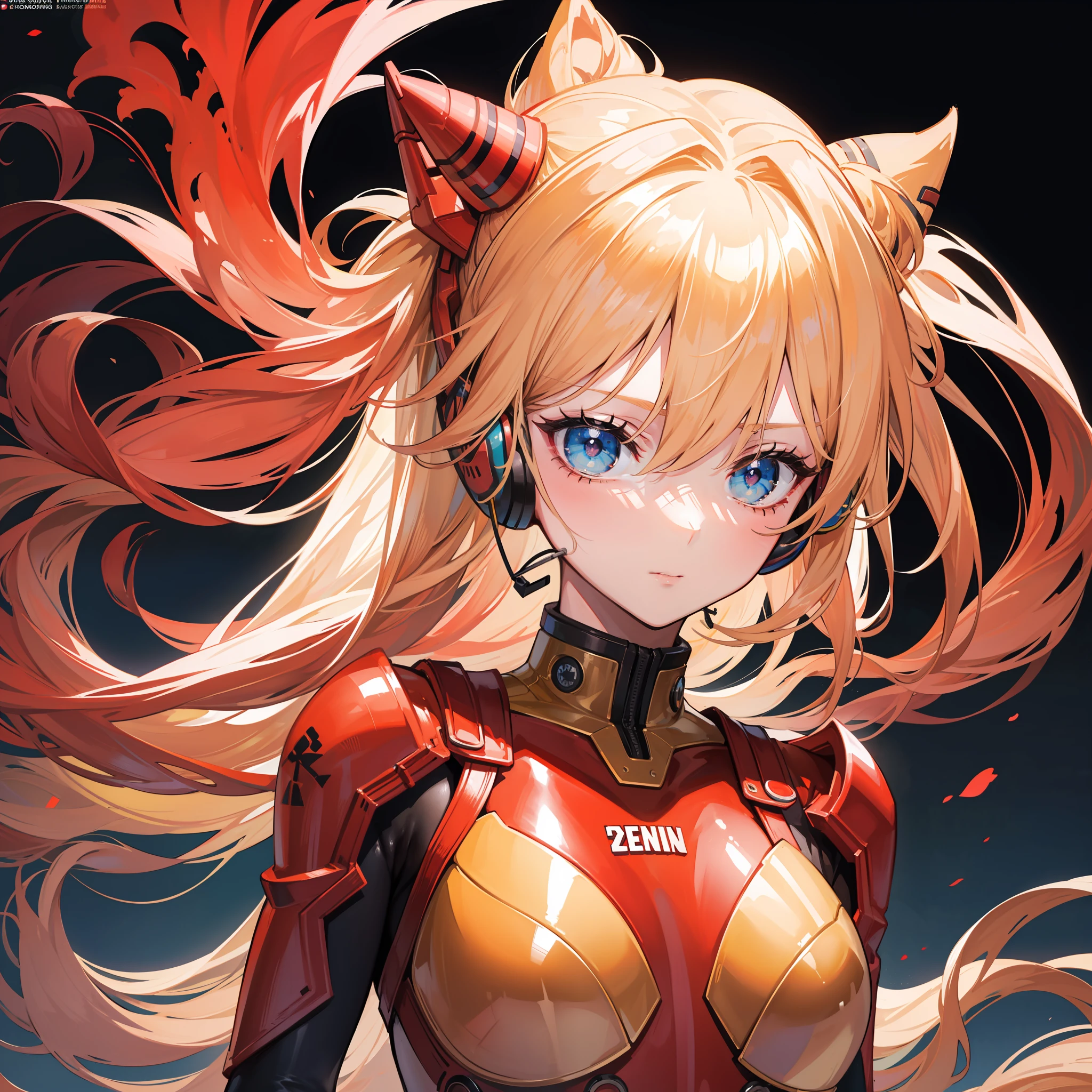 official art, unity 8k wallpaper, ultra detailed, beautiful and aesthetic, masterpiece, best quality, realistic, close-up, skindentation, souryuu asuka langley, interface headset, bodysuit under clothes, detailed eyes, detailed face, detailed hair, black background, straight-on, looking at viewer, glossy,