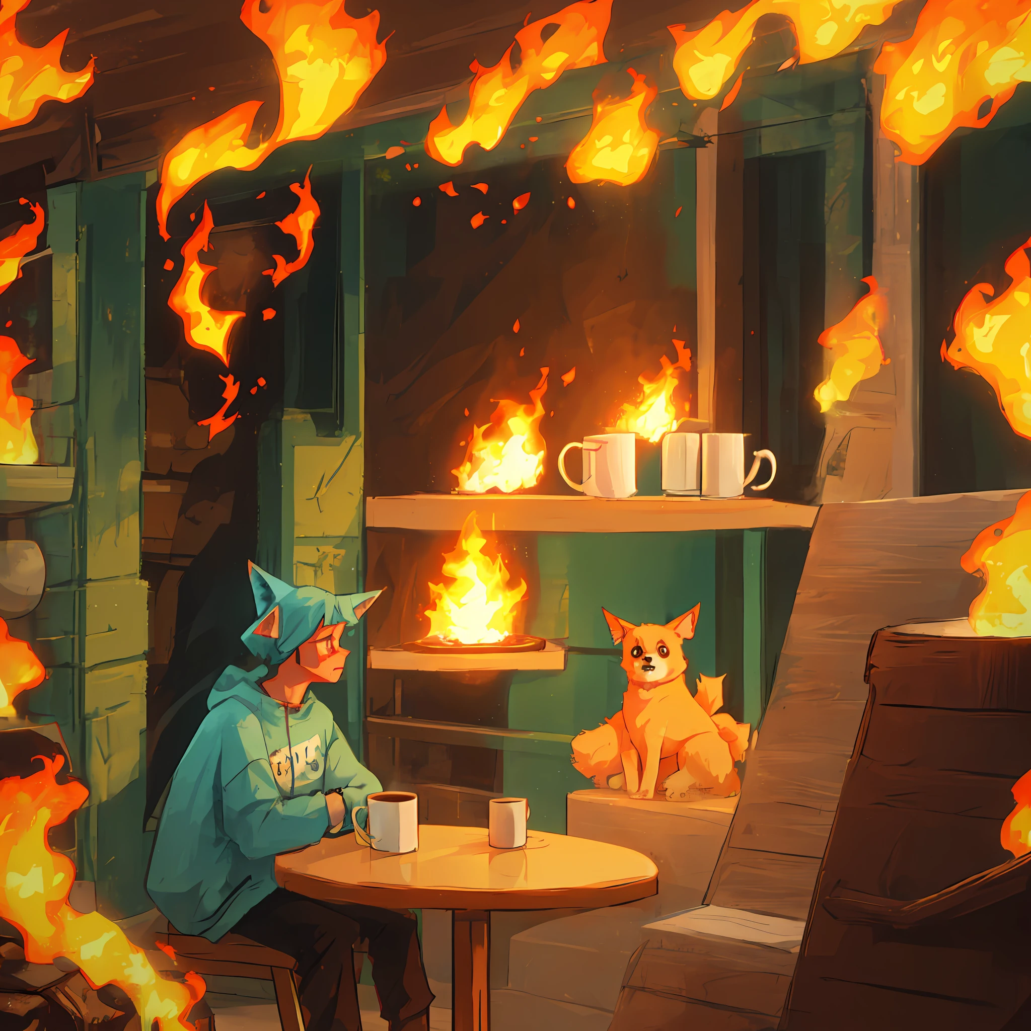 thisisfine, detailed background, wainscoting, boy, hair taupe, tri tails, crossed_arms, table, coffee_mug, steaming coffee, cute, dog_ears, straight face, surrounded by flames, fire, sitting, smoke