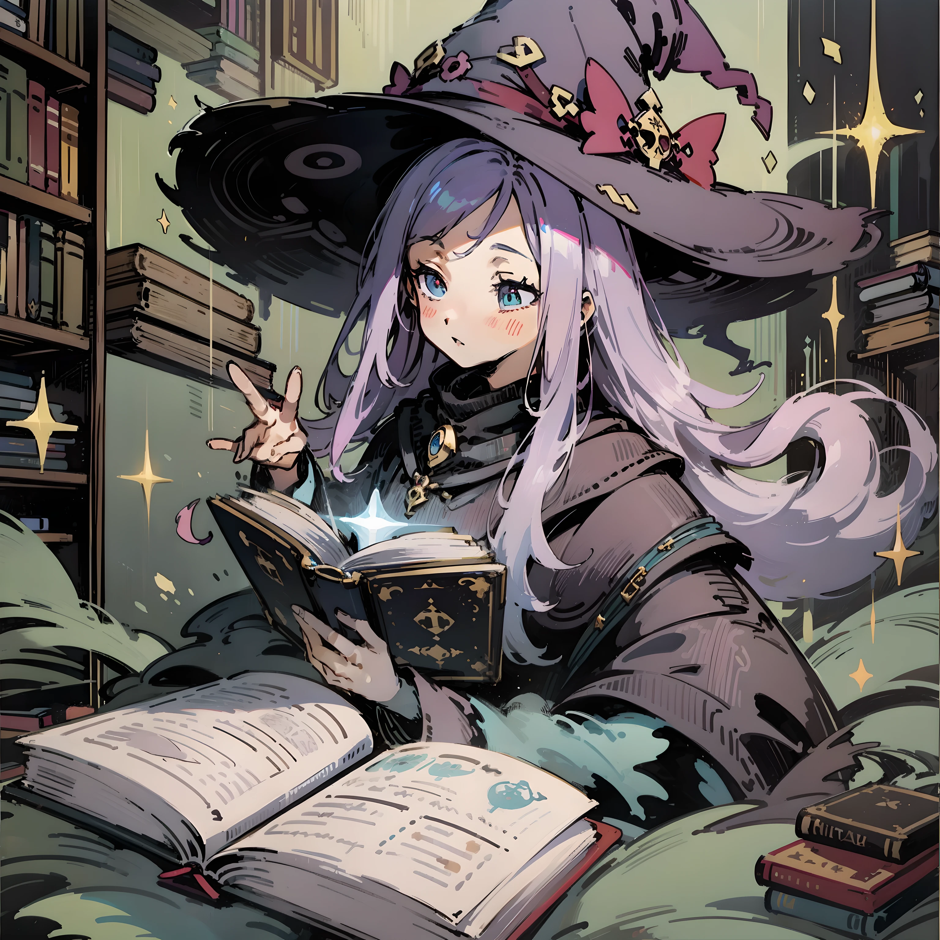 Witch, long hair, floating magic book