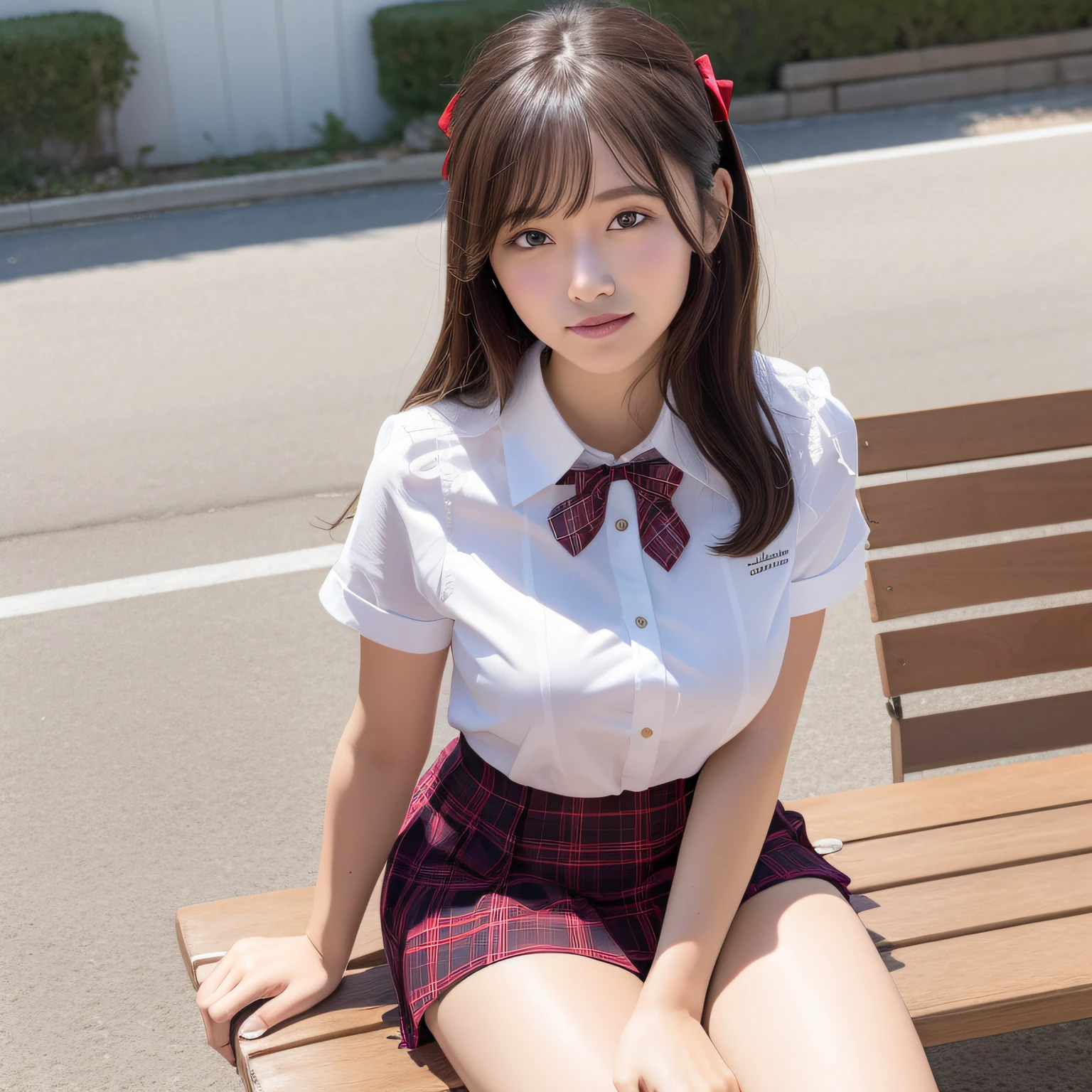 best quality, unparalleled masterpiece, official art,extremely detailed CG unity 8k wallpaper, 1girl,(solo),mature female,(generous breasts),age 16-years-old, (beautiful face and detail eyes), (smile:1.1),hair with white ribbon hair ornament school uniform, white round collar see-through short-sleeved blouse, lace tremmed bra, red bow-tie, brawn coin loafer, red knee-length tartan pleated skirt, white socks, ssitting down wood bench in school campus, sunshine light, turn full-body to front view, turn face to camera, diagonal front view shot,