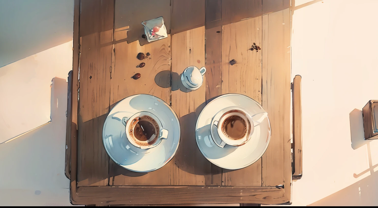 Watercolor painting, two coffee cups on the table, showing the table from above