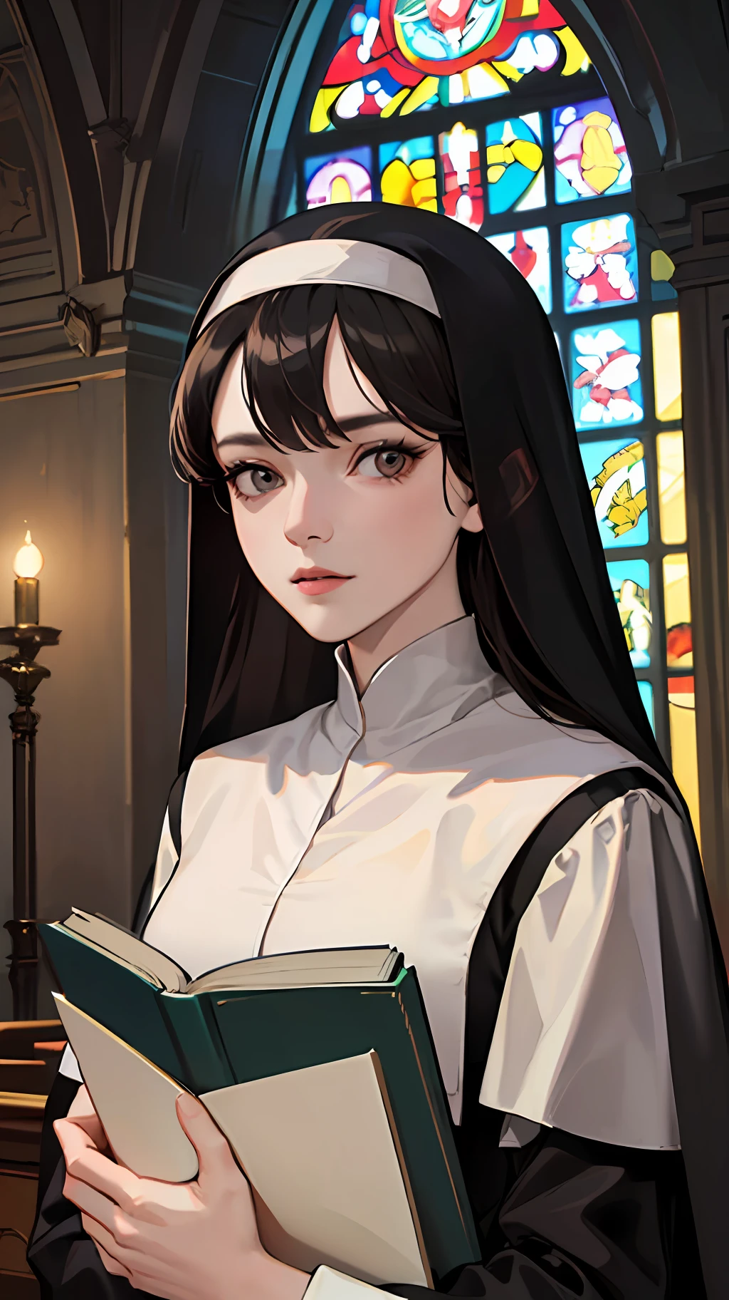 (masterpiece, best quality, ultra-detailed, best shadow), hyper detail, best lighting, 8K, front, 1girl, mature female, upper body, small breasts, long hair, (black hair), almond eyes, pale skin, emotionless, looking at the viewer, nun, church, holding book, (dark room: 1.2), --auto