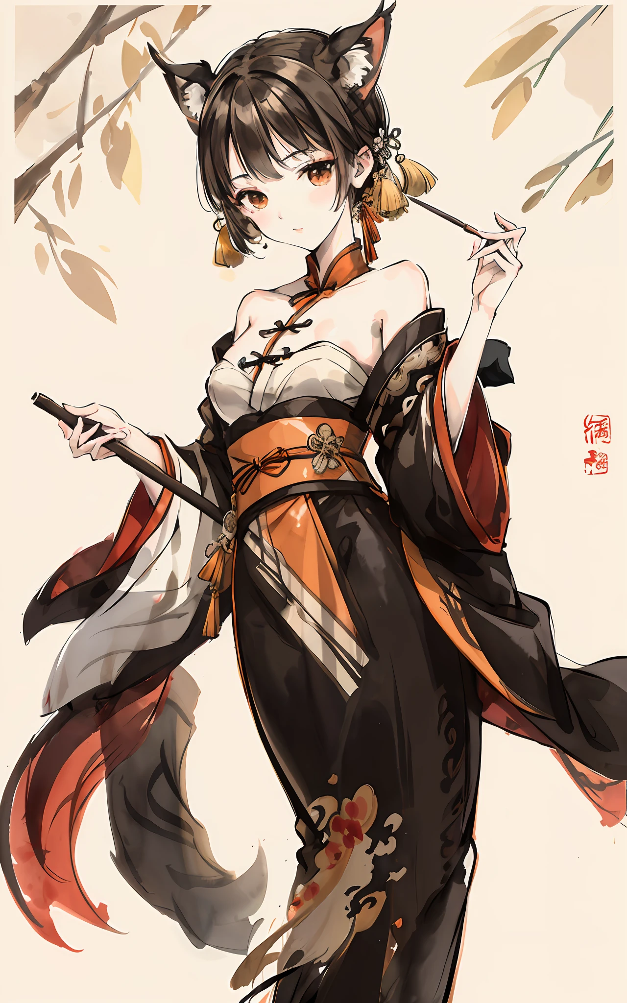 shukezouma, shuimobysim, ((caracal)), willow branches, (masterpiece, best quality: 1.2), ((Traditional Chinese ink painting)), model style, bamboo branches, bamboo, wuchangshuo, red, orange, black, starling, bird