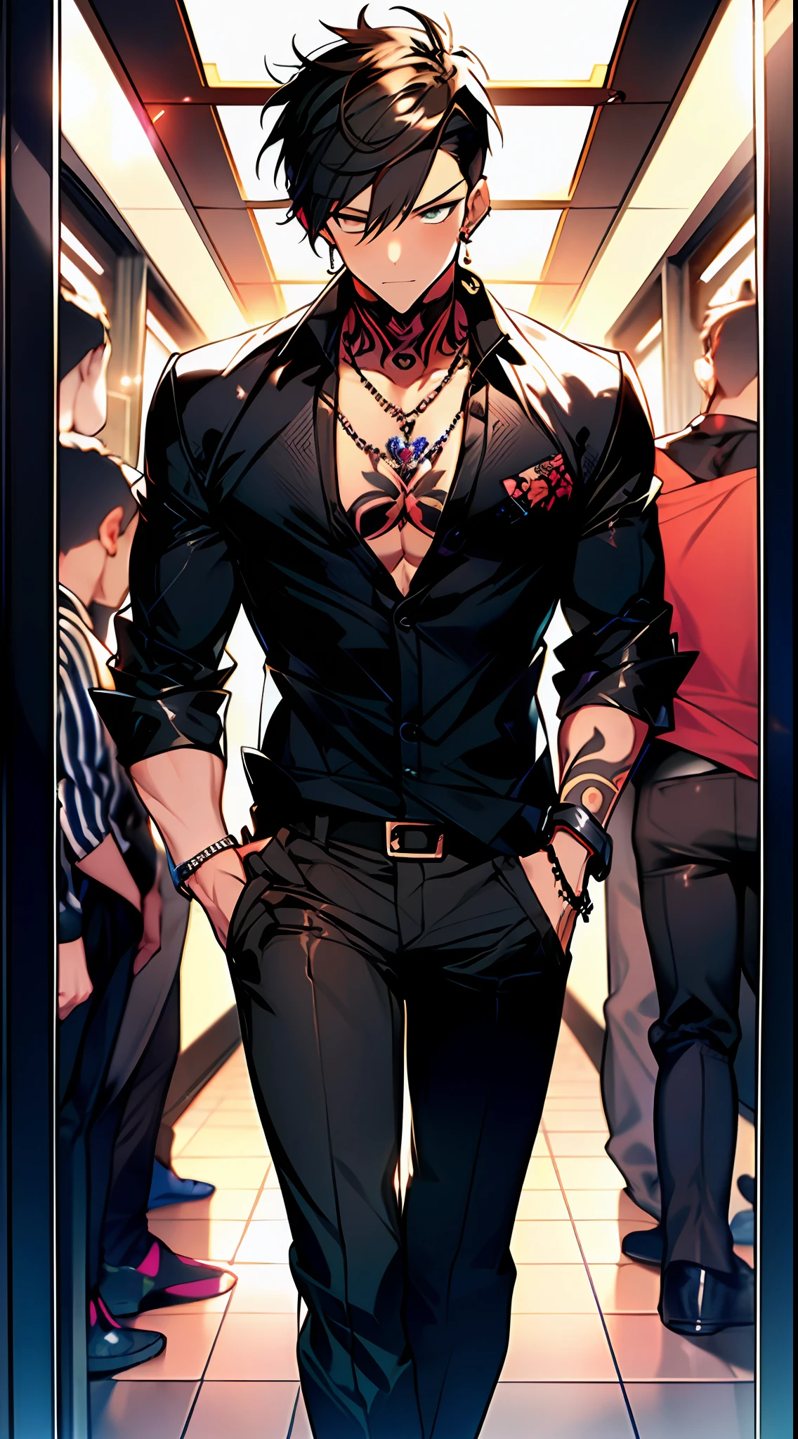 Boy, 1boy, floral shirt, trousers, shiny leather shoes, tattoos on arms, stud earrings, rings, bracelets, open shirts, killers, handsome guys, extreme details, official art, game card face, high precision, high definition, delicate depiction of facial features, detailed metal jewelry, dramatic composition, cinematic lighting