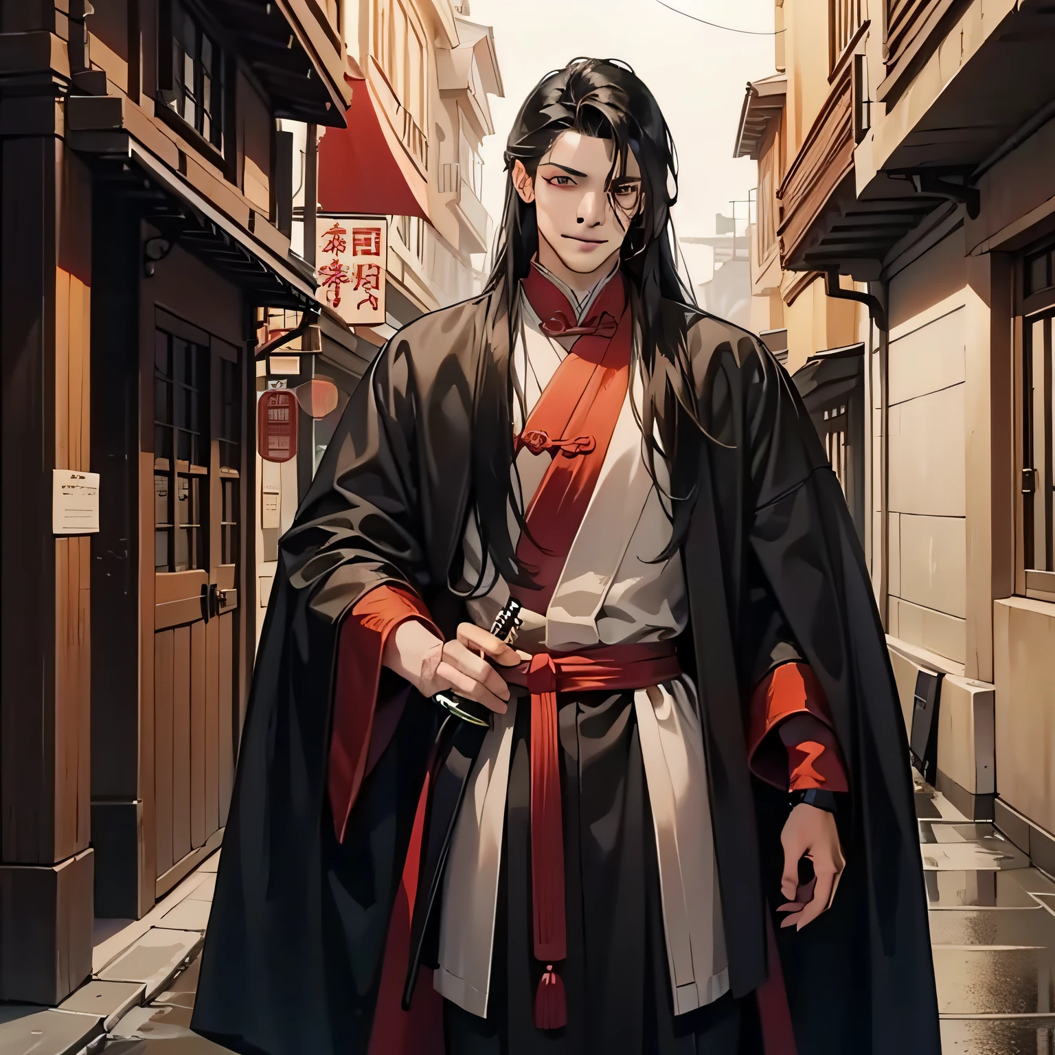 In ancient China, a handsome man dressed in black, long hair, black hair, prince, alley, tall figure, black hair tall, long sword in his hand, a pair of ink pupils. He appeared on a rainy night, frivolous between his eyebrows, lightly erasing the rouge between the heroine's lips, smiling casually and slightly playfully, referring to the love of light and night, ancient