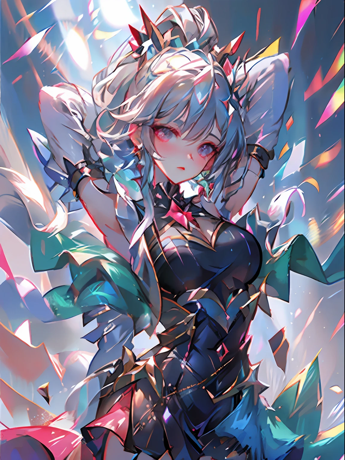 bronya zaychik (silverwing n-ex), masterpiece, best quality, ultra-detailed, illustration,(1girl),gray eyes, looking at viewer, close up, (breast focus), (arms behind back:1.2), (breasts out:1.3), (off shoulder:1.1),,dress,red nose,blush