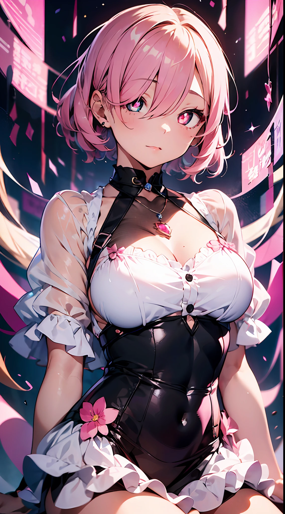 Morganite Gemstones, Pink Gemstone Necklace ((Masterpiece)). (high quality). fullbody(1 girl)((hair over one eyes:1.5)),light pink hair.under cut,,very short back hair,,long sideburns,asymmetry bangs,long bangs,blackeyes,half eye,18-year-old girl.eyeshadow, eyeliner,glow eyes, hyper detailed eyes, intricate eyes, beautiful eyes, ((glowing pink pupils))18-year-old girl。 Pink party dress. Morganite gemstone background.