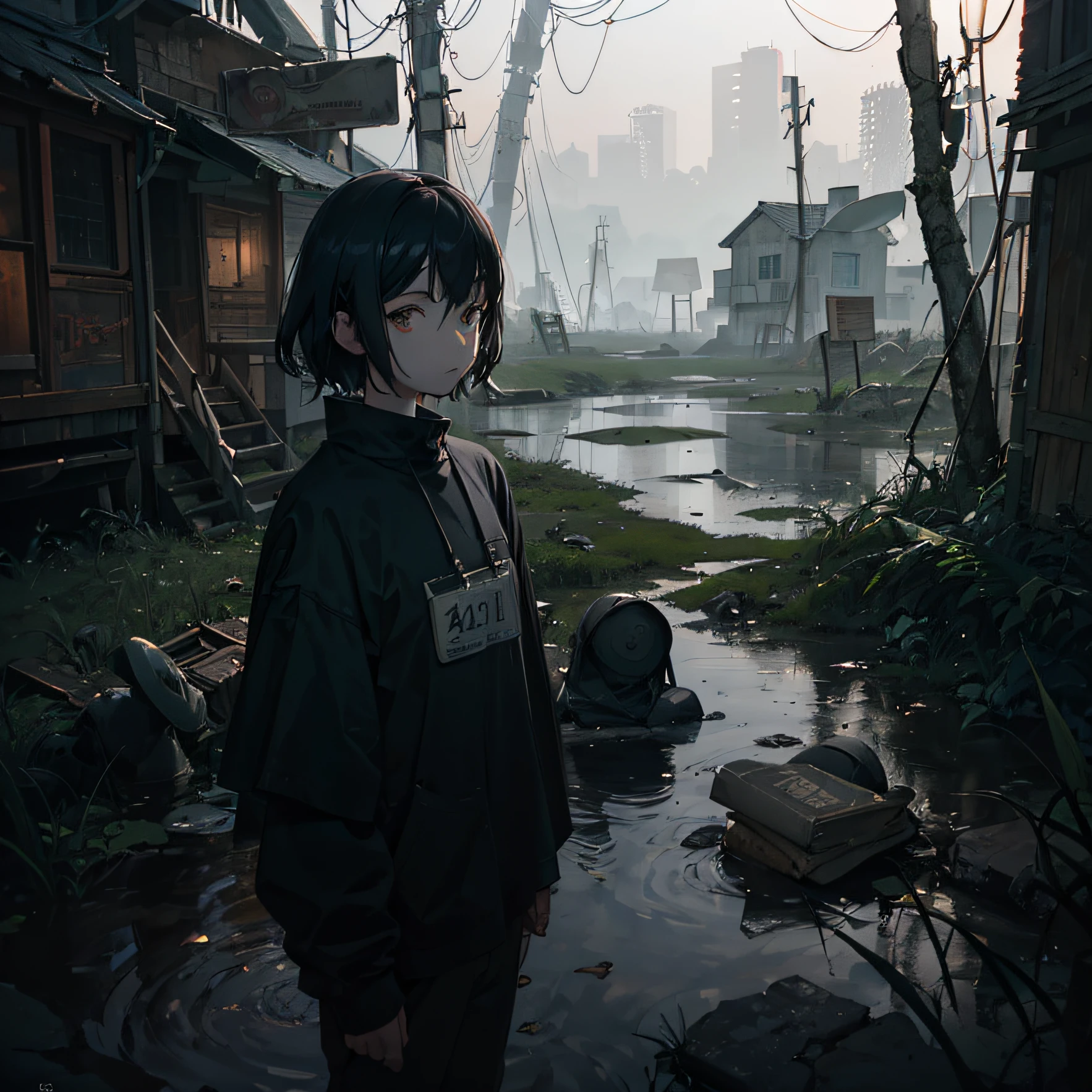 In a late afternoon setting, amidst a swampy marshland, the air hangs heavy with dampness. The scene is permeated with an atmosphere of unsettling realism. Amongst the scattered heaps of trash, a close-up shot reveals a partially obscured name tag, its text unreadable. The presence of this tag hints at an impending demise, shrouded in the hauntingly evocative ambiance of the surroundings. The illustration captures a cinematic level of detail, emphasizing the sense of grim reality. --auto