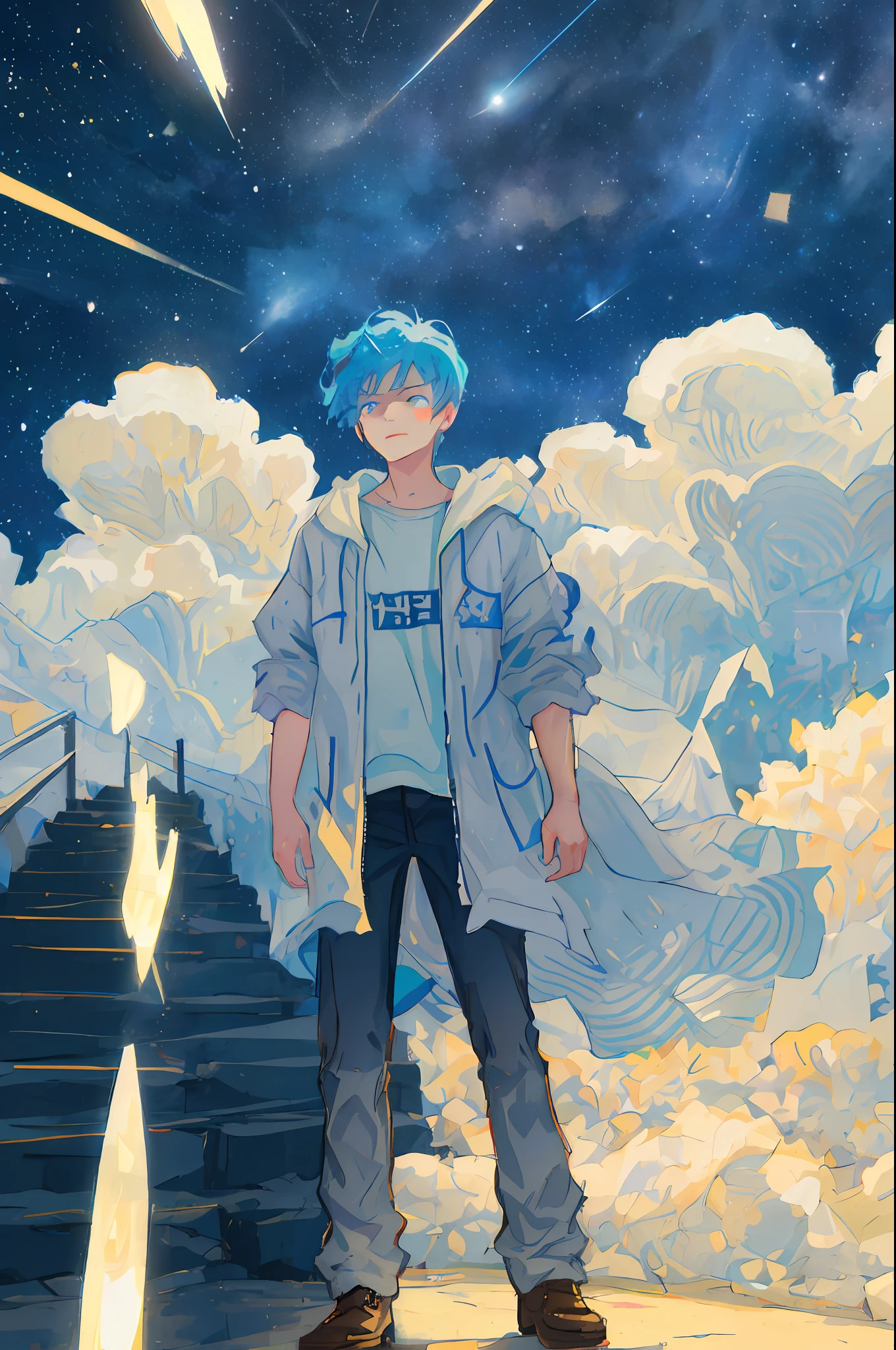 Neon Dreams, (masterpiece, best quality, ultra-detailed, highres, best illustration,neon rim lighting, neon back lights),official art, epic, illustration, render, welcoming, see-through gossamer, lustrous skin,(bloom), (shine),solo, wings, star \(sky\), profile, 1boy, blue hair, holding, angel, male focus, from side, long sleeves, sky, artist name, robe, starry sky, neon theme, neon futurism,city background