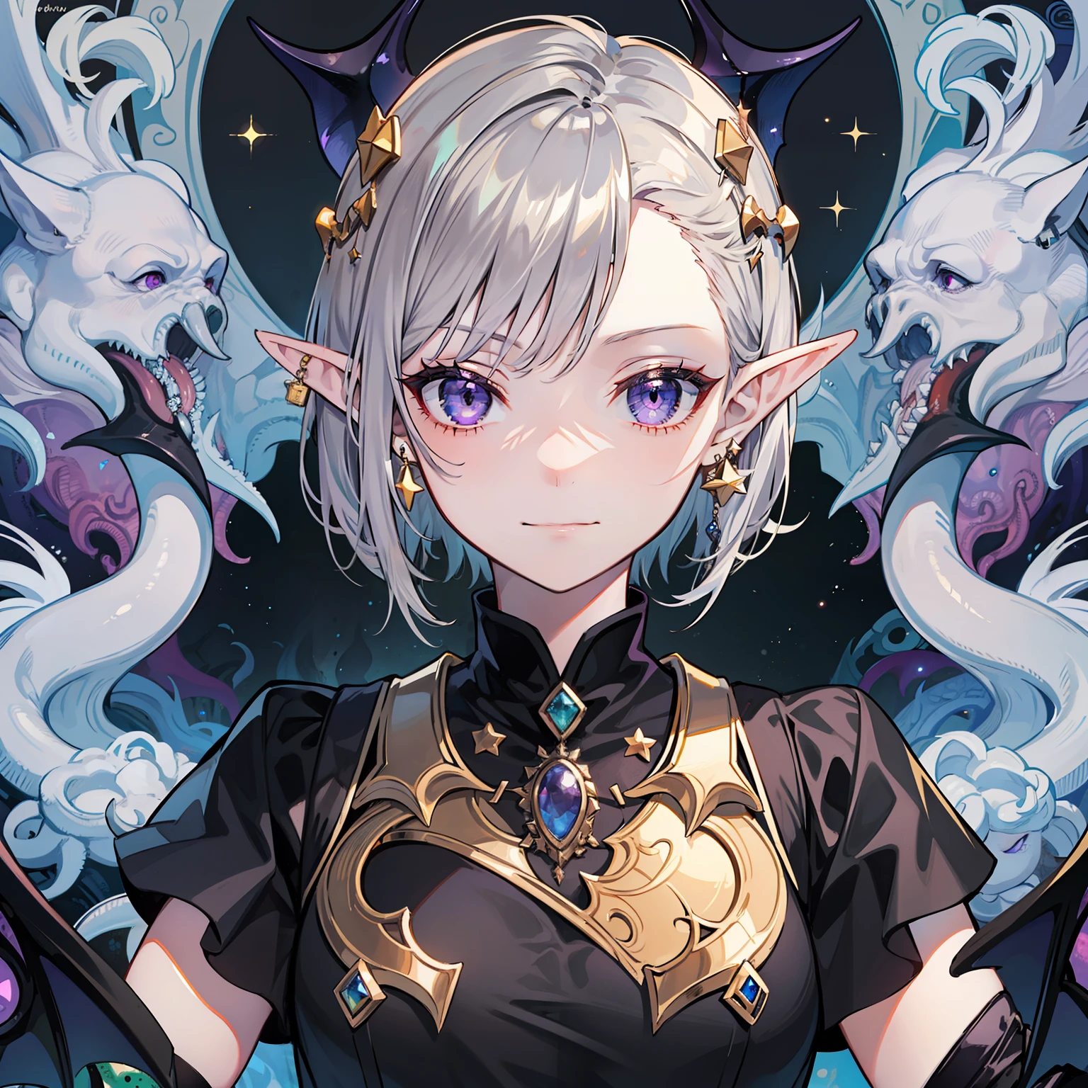 Girl with short silver hair, golden highlights in purple eyes, star stud earrings, elf ears, no headdress, black skirt, Cthulhu, dangerous, not smiling