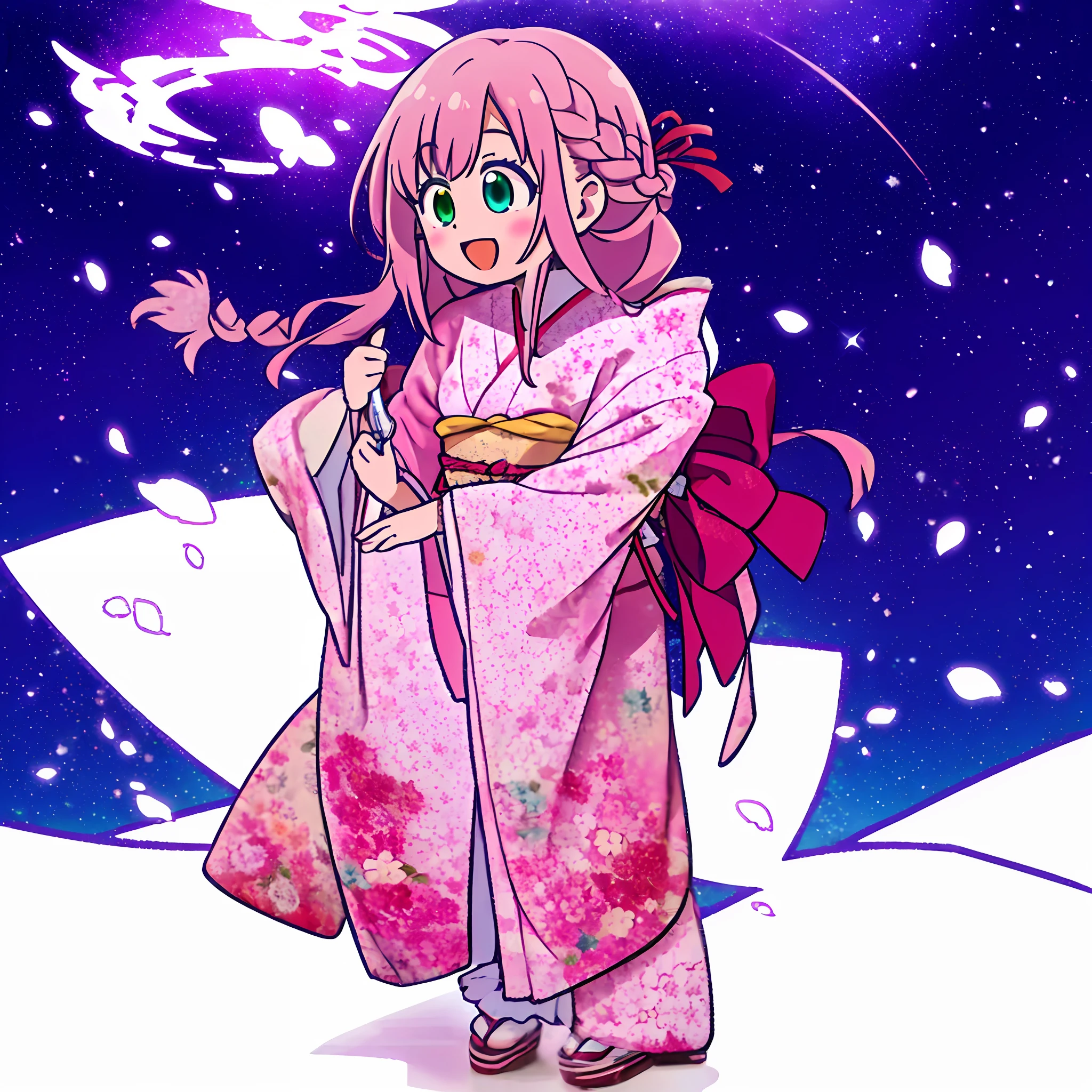 In the glowing meadow, one girl, Solo,,{heterochromia,pale blue eyes,pale green eyes:1.5}, silhouette of star eyes, standing figure, happy, :d, break ((pale pink hair, braid, semi-long hair, ribbon: 1.5)), thinning hair, break, big, red flower kimono, open mouth, looking up at the sky, Milky Way, bystander surrounded by enchanting sights. Break The vast open field comes to life with a soft glow, illuminating the surrounding landscape. (Dynamic Angle: 1.2), Break