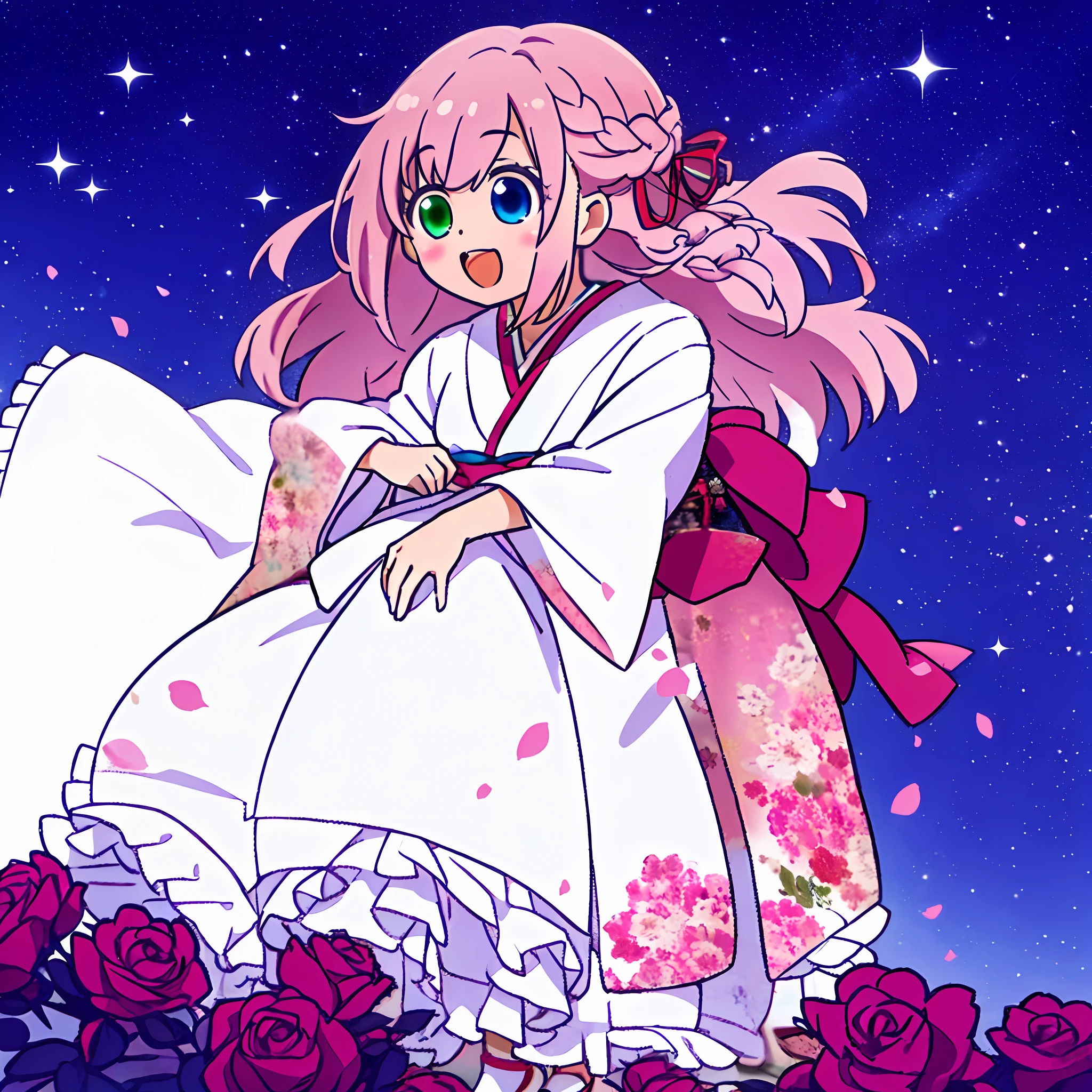 In the glowing meadow, one girl, Solo,,{heterochromia,pale blue eyes,pale green eyes:1.5}, silhouette of star eyes, standing figure, happy, :d, break ((pale pink hair, braid, semi-long hair, ribbon: 1.5)), thinning hair, break, big, red flower kimono, open mouth, looking up at the sky, Milky Way, bystander surrounded by enchanting sights. Break The vast open field comes to life with a soft glow, illuminating the surrounding landscape. (Dynamic Angle: 1.2), Break