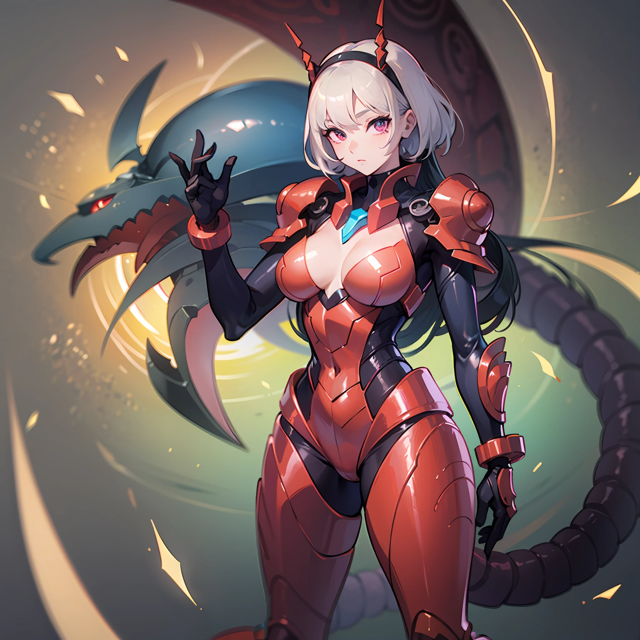 Hot crustacean crustacean crustacean woman with Guyver style, eyeballless eyes, scaraber reploid, bellows tail, cel shade adult animation, alien queen