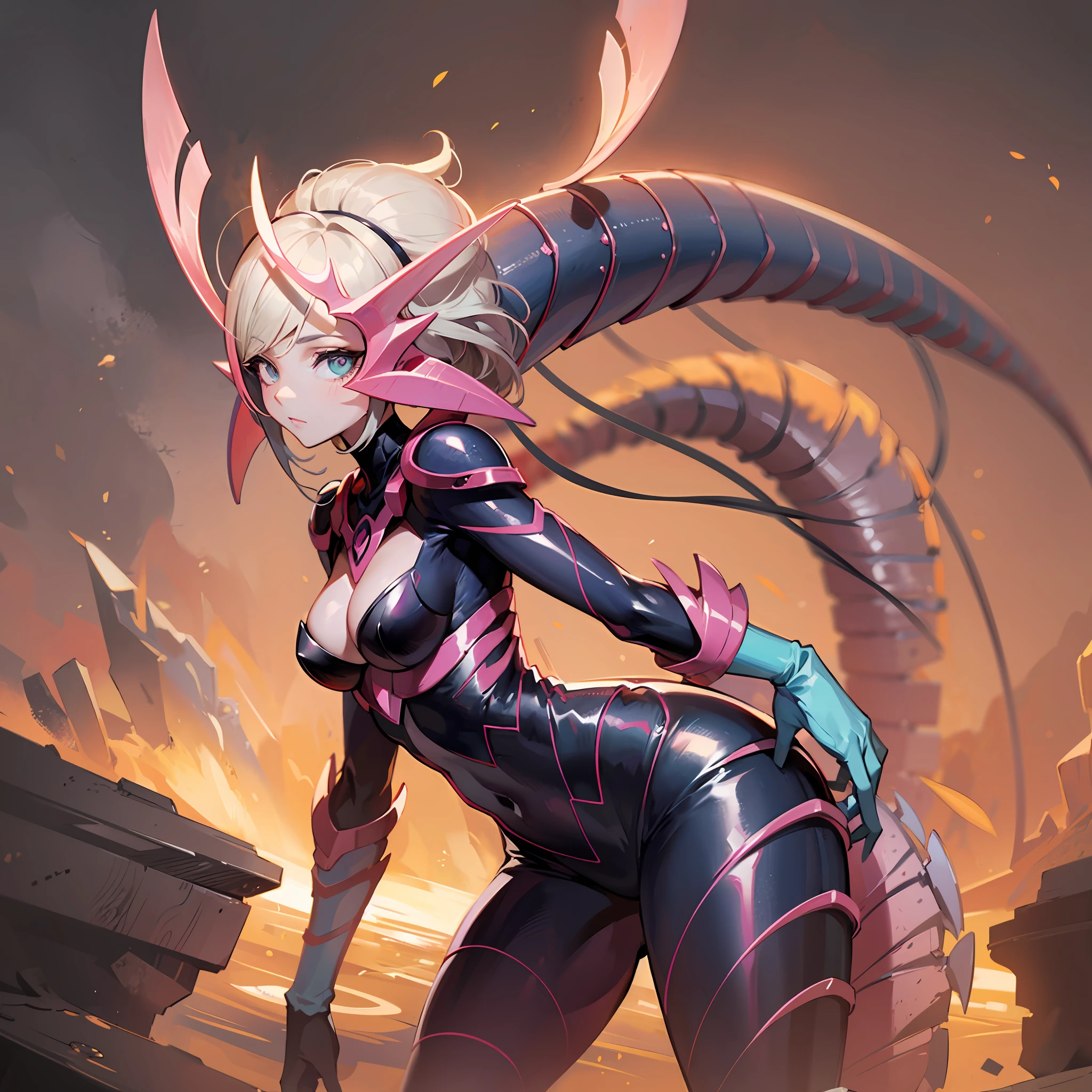 Hot crustacean crustacean crustacean woman with Guyver style, eyeballless eyes, scaraber reploid, bellows tail, cel shade adult animation, alien queen
