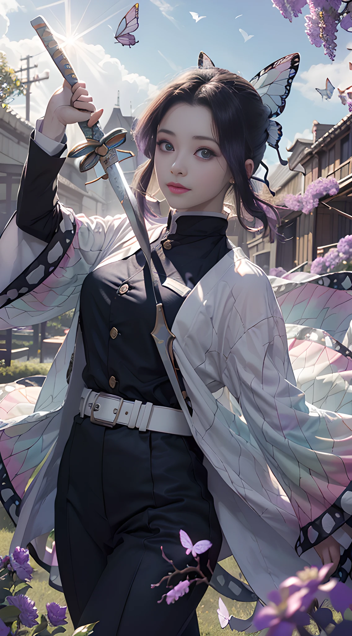 Ultra-realistic 8k CG, masterpiece, close-up, (weapon in hand: 1.2), (attack: 1.2), beauty, goddess, from the front, face sticking out, (super detailed background, delicate pattern, intricate details)), high quality, highly detailed face, highly detailed eyes and face, highly detailed eyes, kocho shinobi, multicolored hair, no bangs, hair intake, purple eyes, forehead, black shirt, black pants (haori, butterfly, buttons, belt, (garden: 1.2), purple flowers, chibi, cloudy sky, sunlight, tyndall effect, gradient_sky, face, gorgeous sky, waist sword,