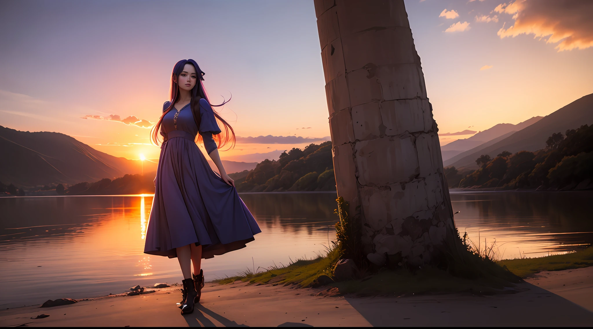 full body, long purple hair, long blue dress, sunset with large holy kindgom background --auto