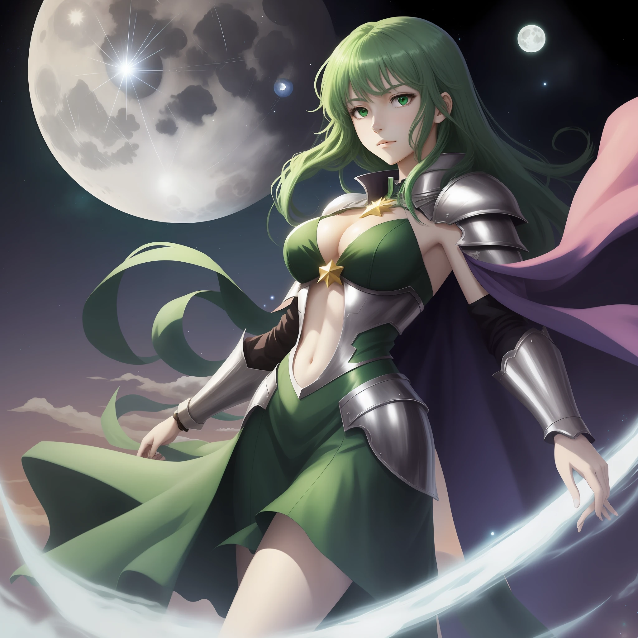 An anime-style woman with emerald green hair with fair skin and youthful appearance, wearing shiny silver metal armor, with an eight-pointed star emblazoned in the middle of her chest, floating in the night sky with the moon in the background
