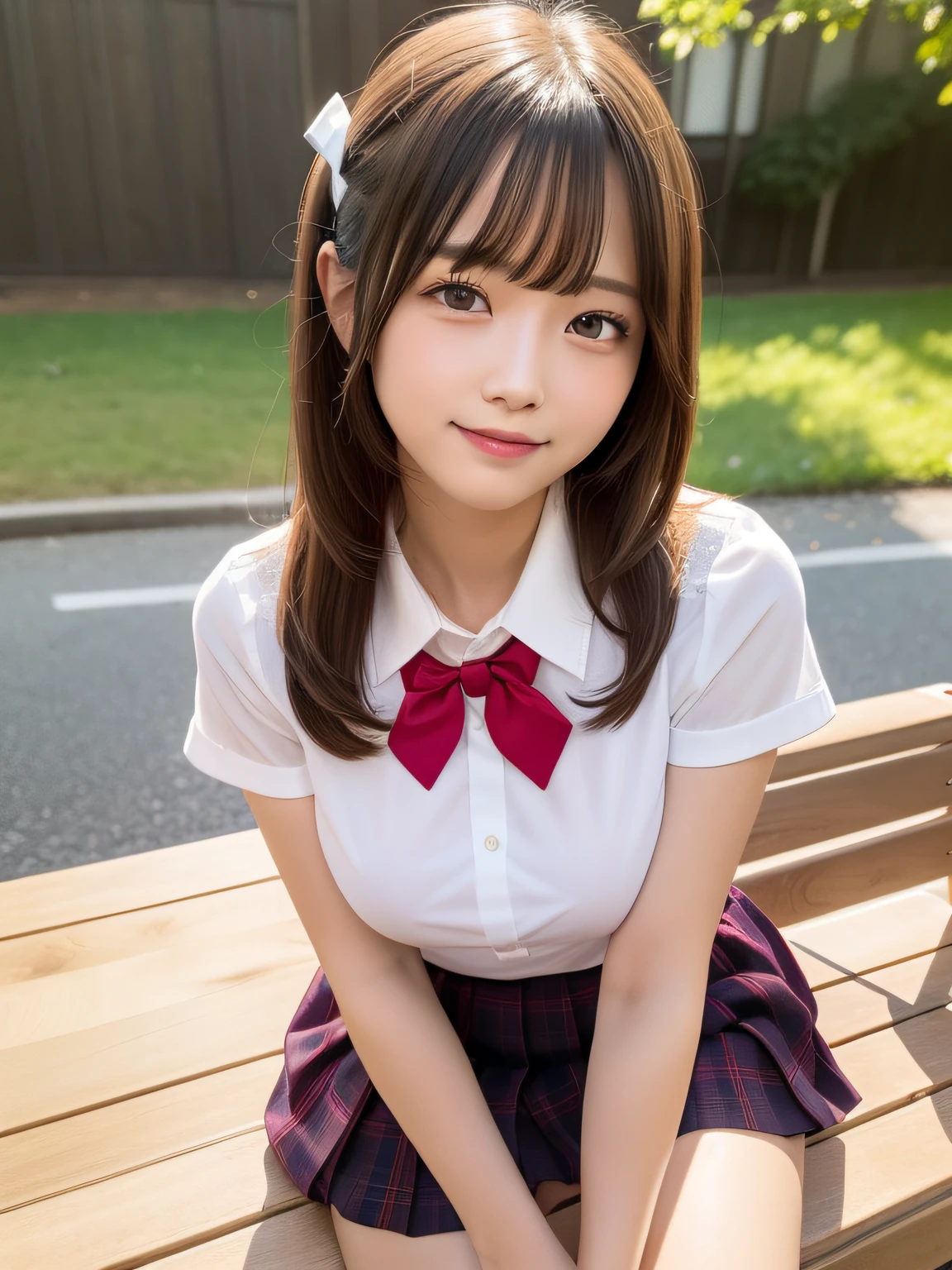 best quality, unparalleled masterpiece, official art,extremely detailed CG unity 8k wallpaper, (full body), 1girl,(solo),mature female, (generous breasts),age 16-years-old, (beautiful face and detail eyes), (smile:1.1),hair with white ribbon hair ornament school uniform, white round collar see-through short-sleeved blouse, lace tremmed bra, red bow-tie, brawn coin loafer, red knee-length tartan pleated skirt, white socks, ssitting down wood bench in school campus, sunshine light, diagonal front view shot,