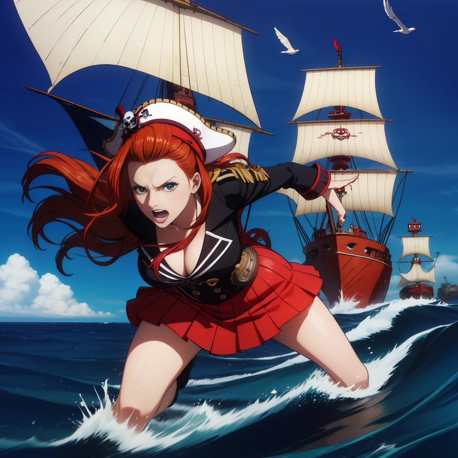 Waves, seagulls, shells, corals, long hair, big eyes, short skirts, red hair bands, dynamic poses, fighting, sexy, tsundere, confident, energetic, pirate cap, rudder, anchor, bright blue, red, yellow as the main tone, island, pirate ship, nautical map