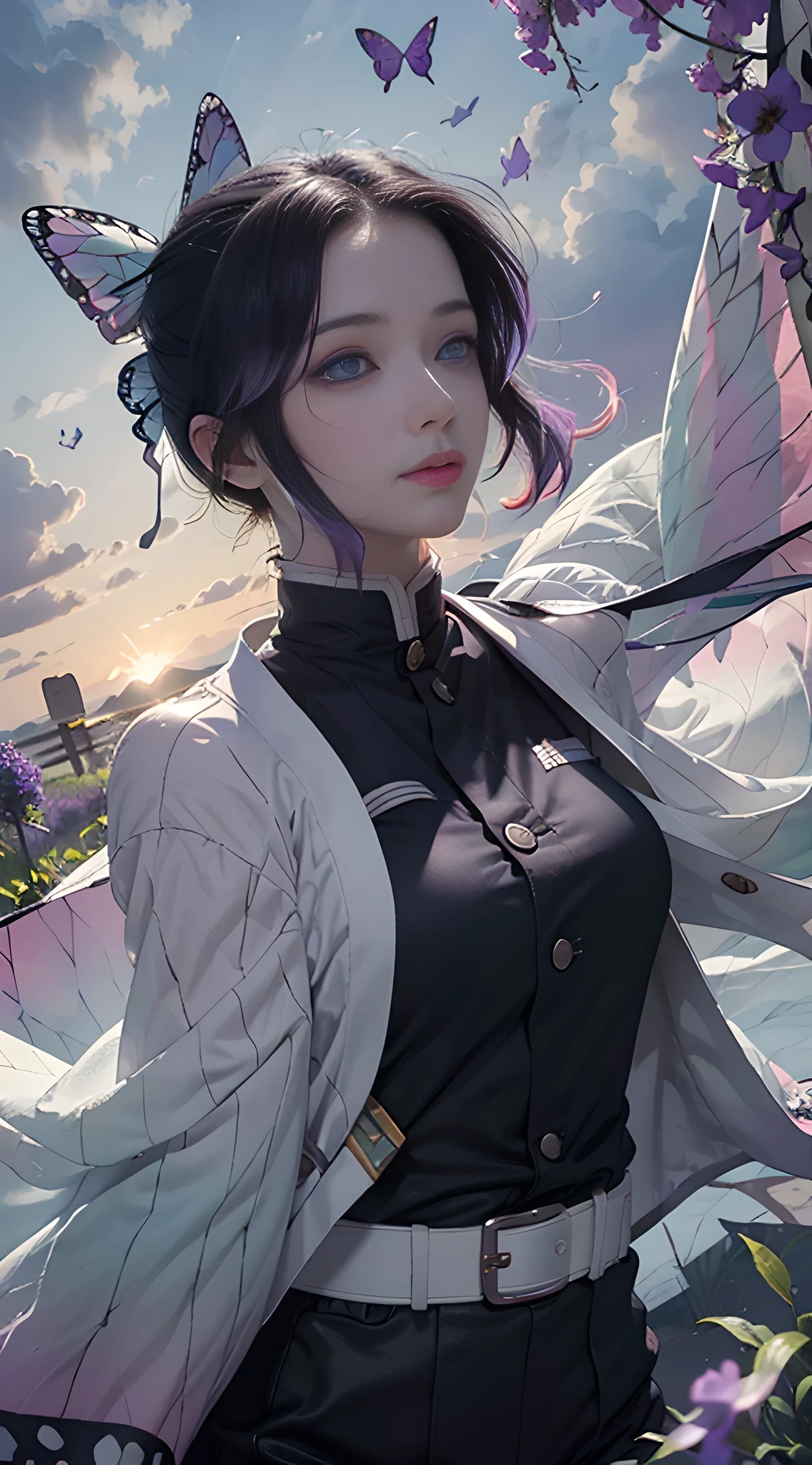 Ultra-realistic 8k CG, masterpiece, close-up, (weapon in hand: 1.2), (attack: 1.2), beauty, goddess, from the front, face sticking out, (super detailed background, delicate pattern, intricate details)), high quality, highly detailed face, highly detailed eyes and face, highly detailed eyes, kocho shinobi, multicolored hair, no bangs, hair intake, purple eyes, forehead, black shirt, black pants (haori, butterfly, buttons, belt, (garden: 1.2), purple flowers, chibi, cloudy sky, sunlight, tyndall effect, gradient_sky, face, gorgeous sky, waist sword,