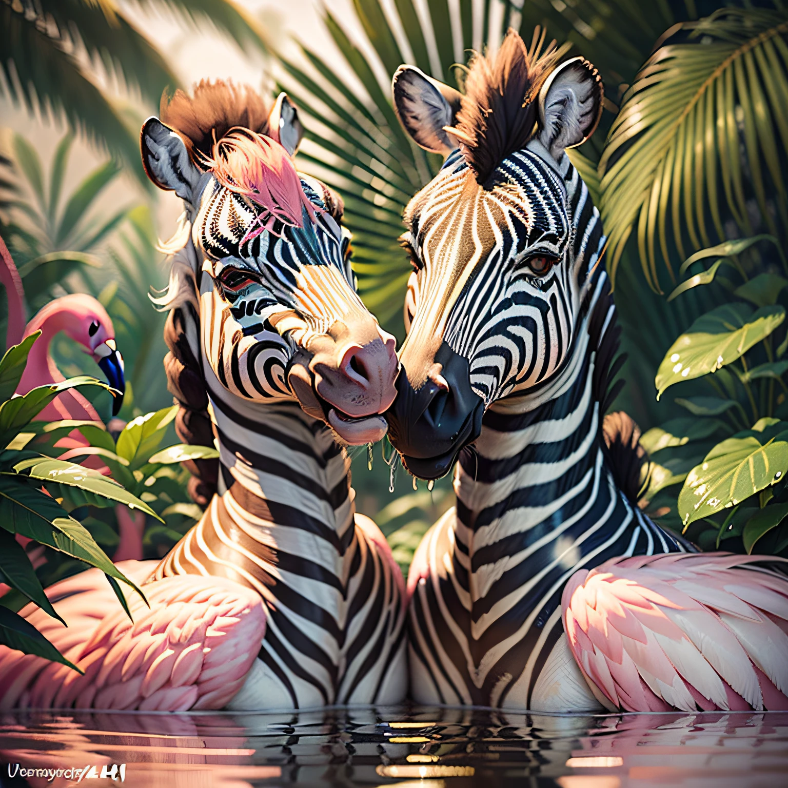 ((best quality)),((masterpiece)), hyper realistic illustration, (((ultra detailed)),, Scene structure: Enchanted forest: Winged zebras and flamingos dancing Hawaiian,,((smiling showing teeth)),,((smilling zebras)),, zebras smiling,, ((smiling zebras)),, dense tropical forest. Wet rain. Beautiful sunset falling, movie light, cinematic, intricate details. Foliage rich in detail by Pixar, Walt Disney,, award-winning work, chromatic , 4K, motion blur, cinematic lighting, depth of field, reflection light, god rays, glowing light, blending, drop shadow, masterpiece,,((face details)), first position focus,, detailed face ,,((print)), ((4k)), beautiful digital artworks, flamingos, flamingos, trend in artstation.', highly detailed digital painting, trend in cgsociety art,  by Kerembeyit, highly detailed 4K painting, afternoon hangout, "ultra realistic,,((zebras showing teeth)),,