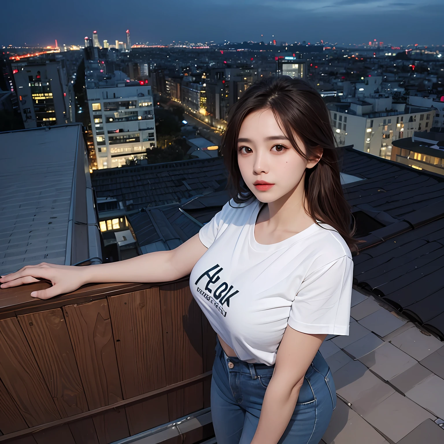 ((Midnight, Best quality, 8k, Masterpiece :1.3)), Whole body, Long legs, Sharp focus :1.2, A pretty woman with perfect figure :1.4, Slender abs :1.1, ((Dark brown hair, Big breasts :1.2)), (White tight tshirt, Jean bib, Standing:1.2), ((Night city view, Rooftop:1.3)), Highly detailed face and skin texture, Detailed eyes, Double eyelid --auto