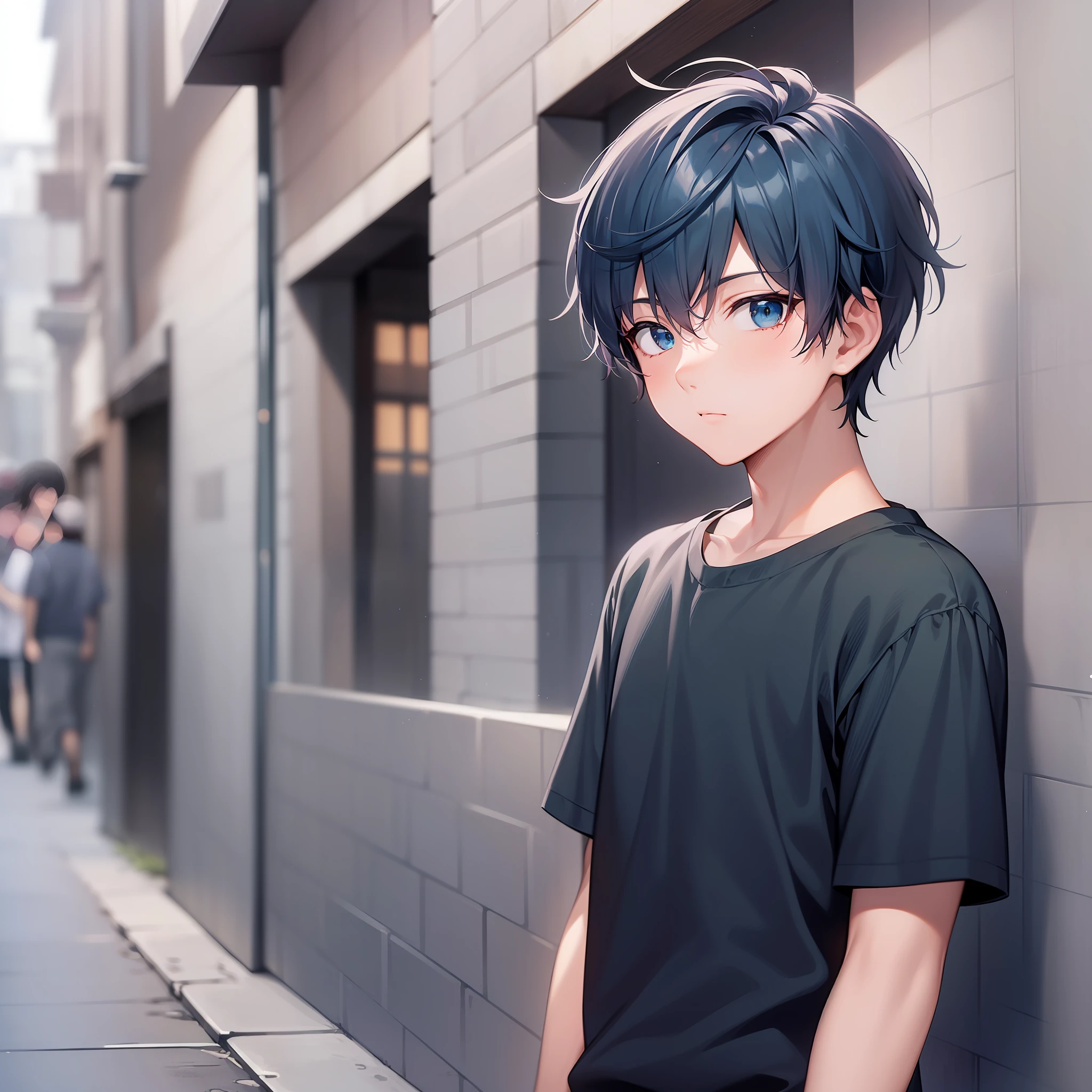 (solo,ung boy) ((1boy,anime young boy in blue shirt and black short pants walking down a street)), anime boy with white curtain hairstyle, potrait,face to face
