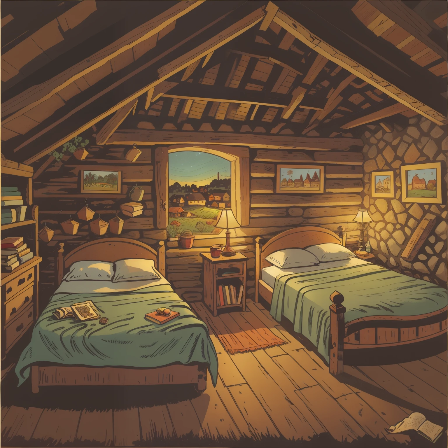 children's picture book illustration, two rustic beds, in a rustic inn, 18th century France, night, impressive composition, dim, wide angle lens, cute, color illustration,