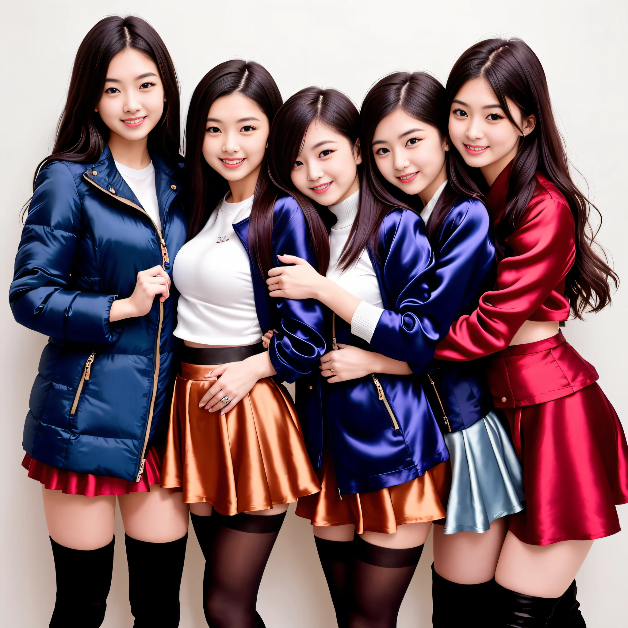 (best quality, masterpiece), (muscular:0.7), Japanese model, athletic, long hair, smile, happy, wavy hair, standing , looking at viewer, ((short silk skater skirt)), makeup,  pantyhose, thigh high boots, navy puffer coat, down coat, red silk bra, ?????????????, 2 girls (((hugging)))