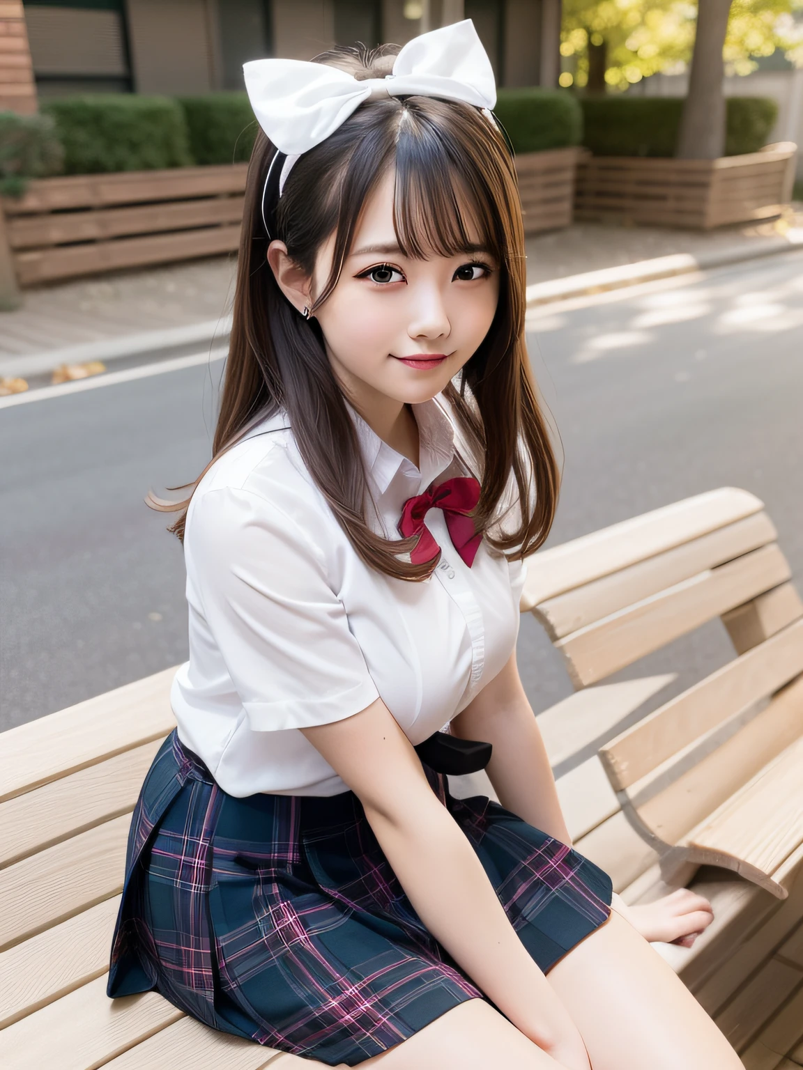 best quality, unparalleled masterpiece, official art,extremely detailed CG unity 8k wallpaper, (full body), 1girl, (solo), mature female,　(generous breasts),age 16-years-old, (beautiful face and detail eyes), (smile:1.1),hair with white ribbon hair ornament school uniform, white round collar see-through short-sleeved blouse, lace tremmed bra, red bow-tie, brawn coin loafer, red knee-length tartan pleated skirt, white socks, ssitting down wood bench in school campus, sunshine light, side view shot