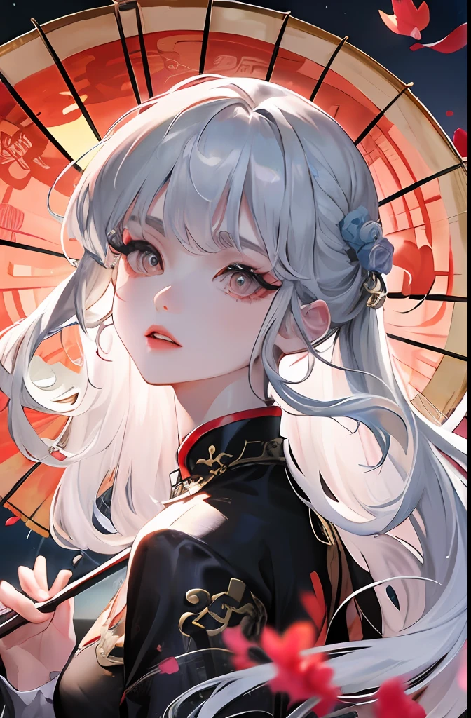 8K masterpiece best night full moon 1 female Chinese style Chinese architecture mature female elder sister silver white long hair woman long hair pale pink lips calm and rational bangs gray pupil assassin umbrella, umbrella, turn around, turn around, turn around, petals flying, delicate face,