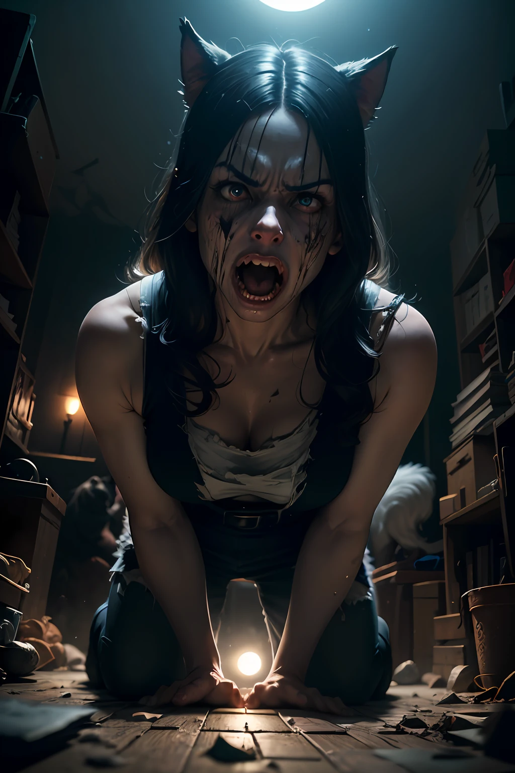 (full moon), night, (moonscape: 1.4), person into turning a (werewolf), torn skin, screams, horror, works by Irina French, Mandy Juergens and Charlie Bauter, highly detailed digital art, art station, amazing detail (cinematic lighting), drama, darkness, clear focus, very dark lighting, heavy shadows, detailed face (semi-realistic: 1.6), dynamic camera angle (horror), (dark fantasy), split bleeding (better lighting), (super complicated details)), (super detail)), better shadows, Ultra-HD, torn clothes